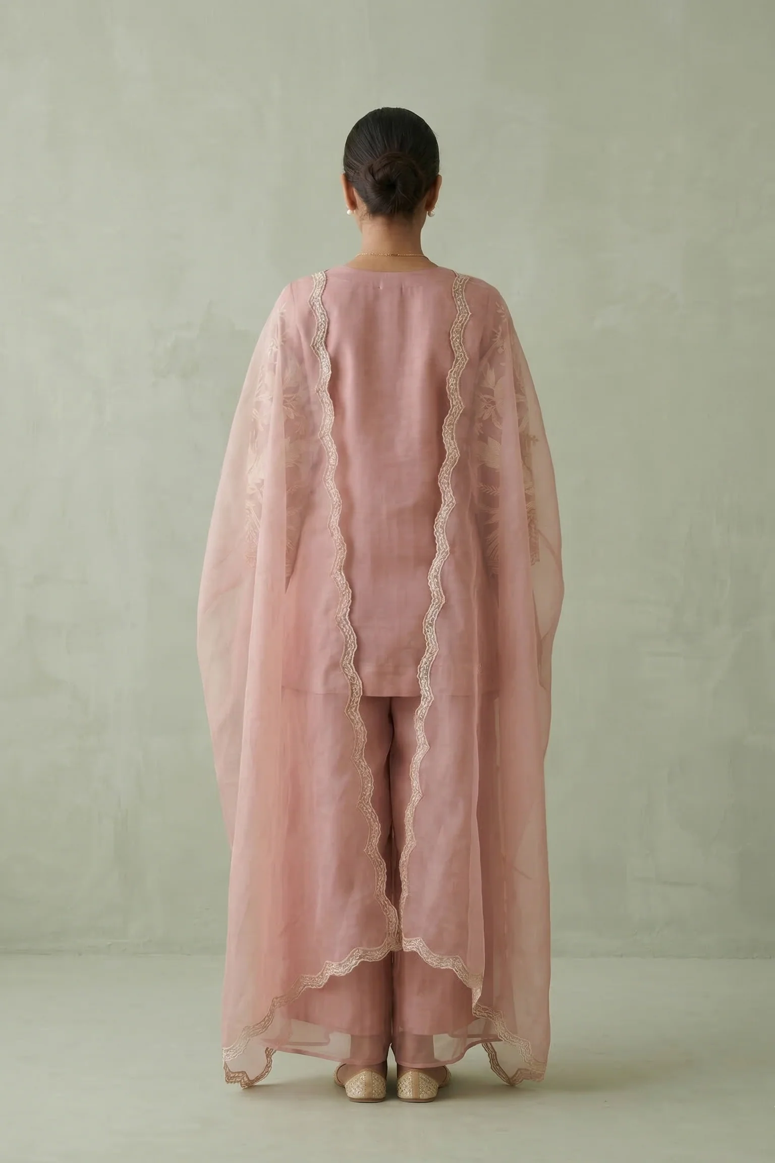 Old Rose Floral Embroidered Organza Silk Sharara Set - Image 2