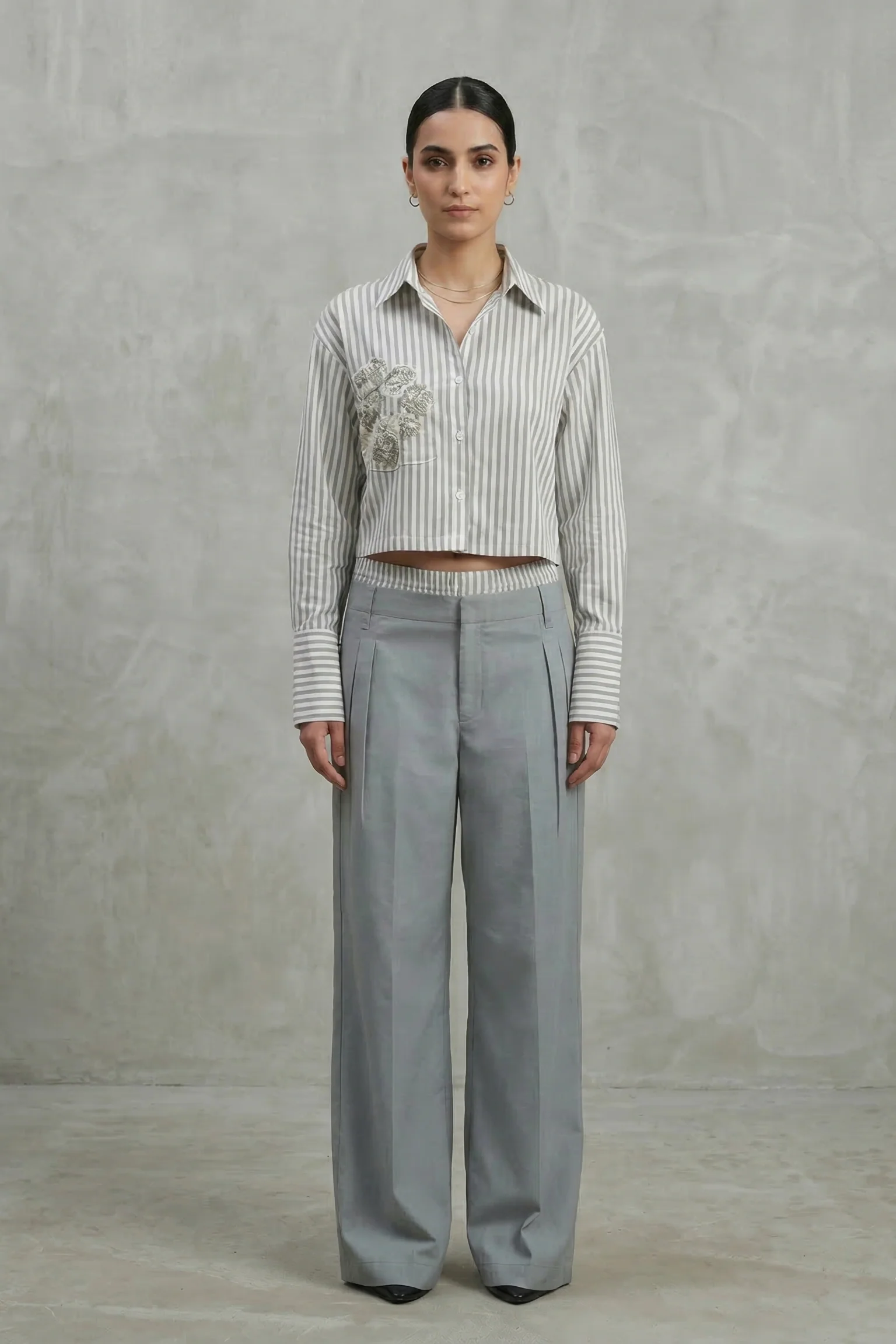 Dove Grey Striped Satin Silk Co-Ord Set