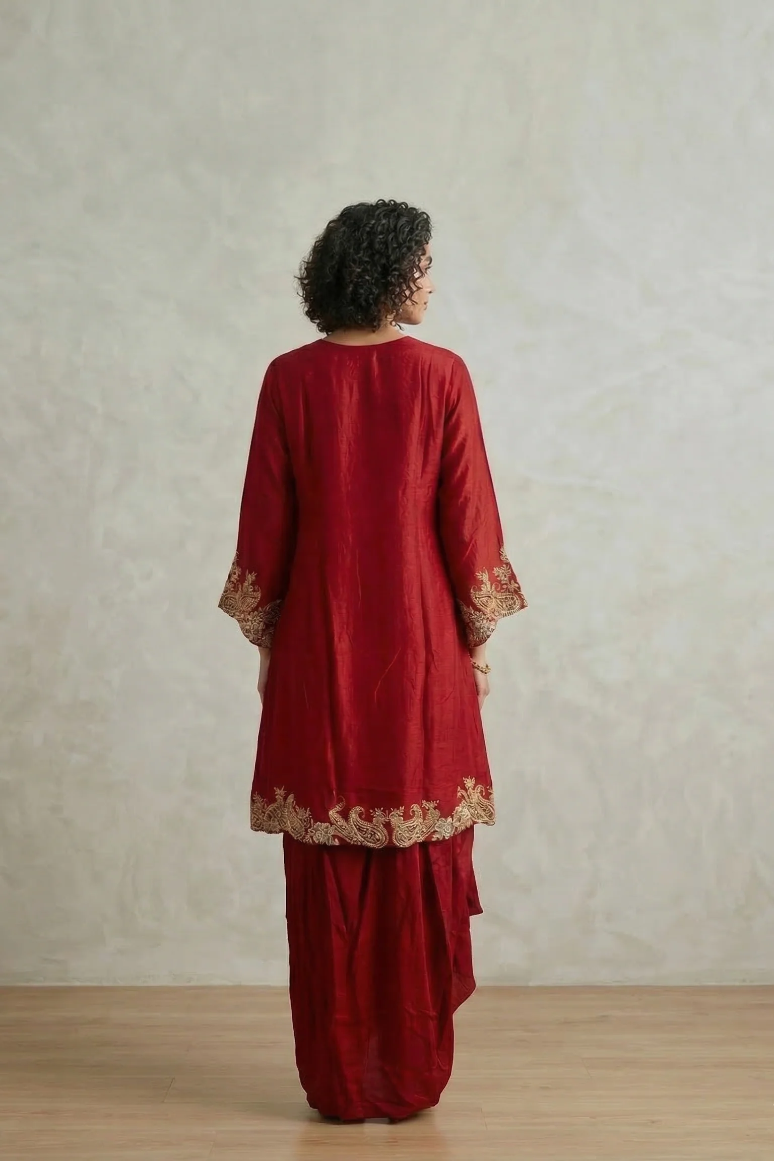Crimson Red Embellished Raw Silk Skirt Set - Image 2