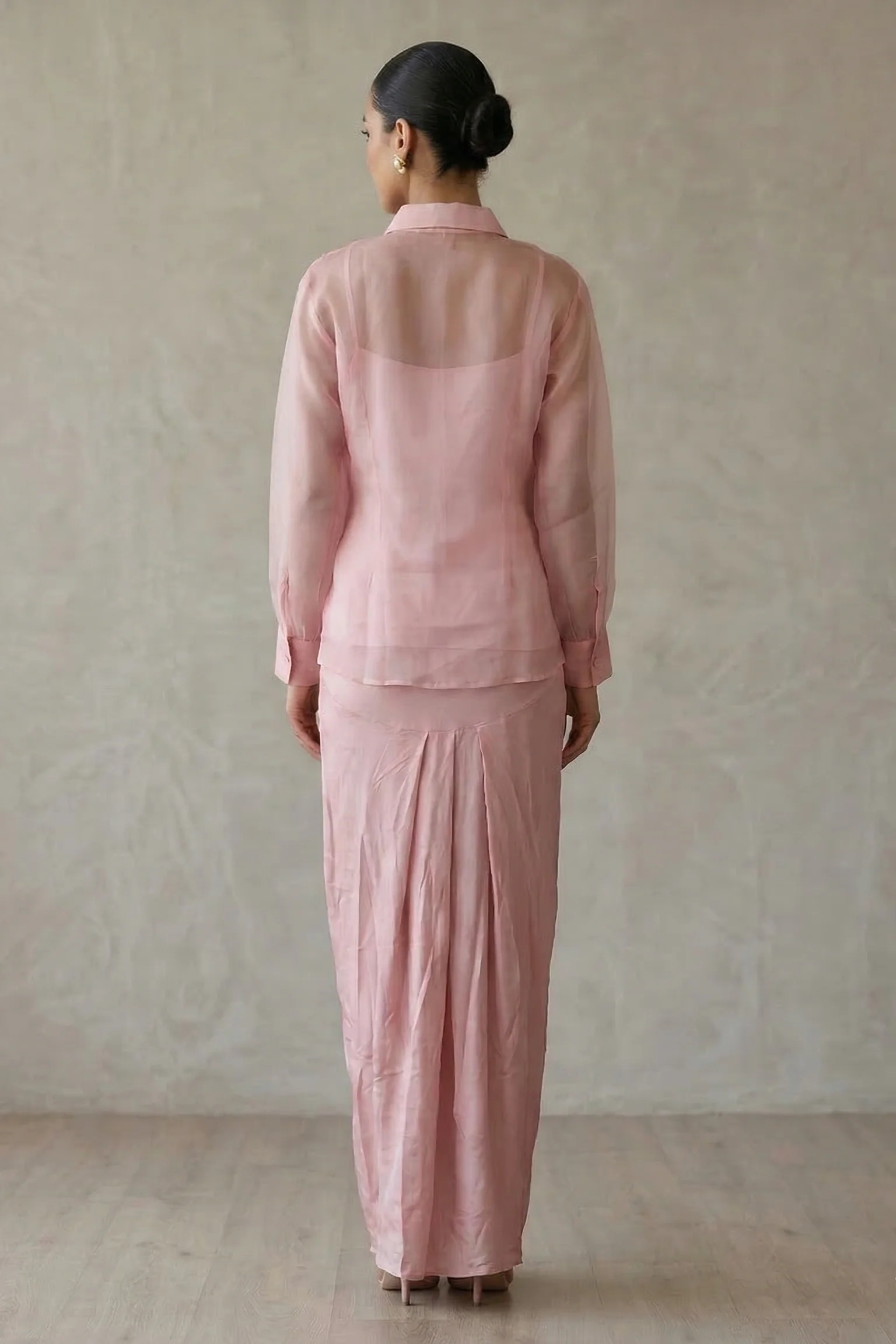 Blush Pink Embellished Organza Silk Jacket Skirt Set - Image 2