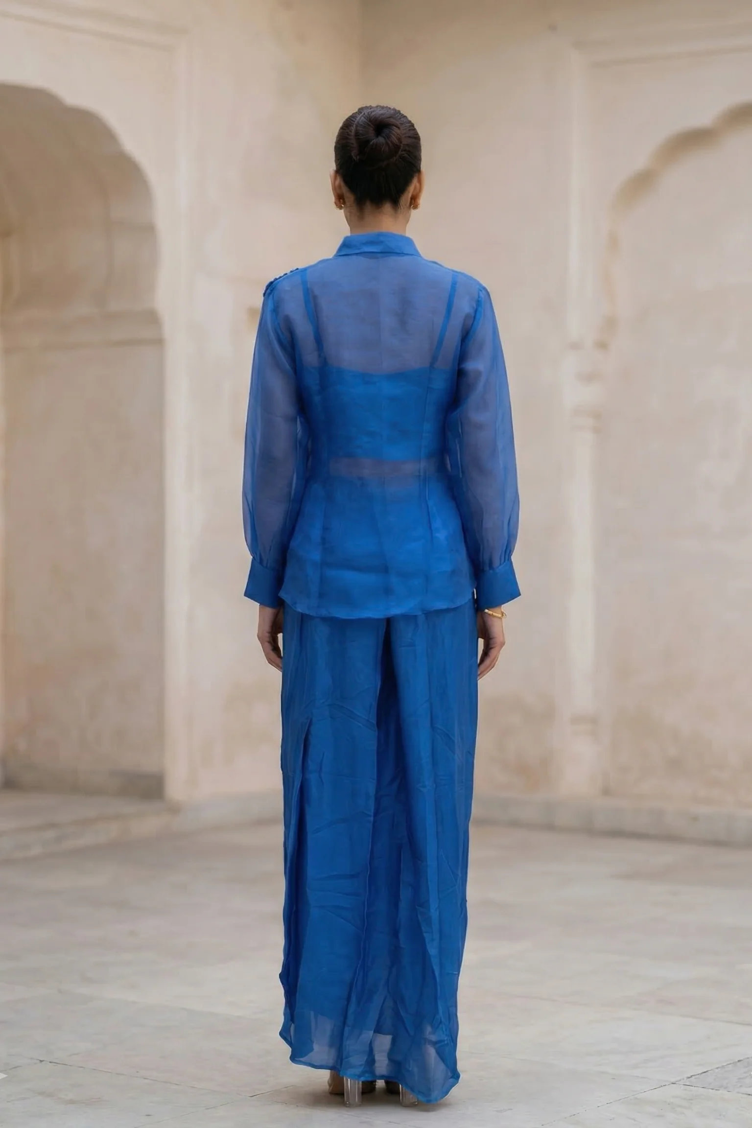 Cobalt Blue Embellished Organza Silk Jacket Skirt Set - Image 2