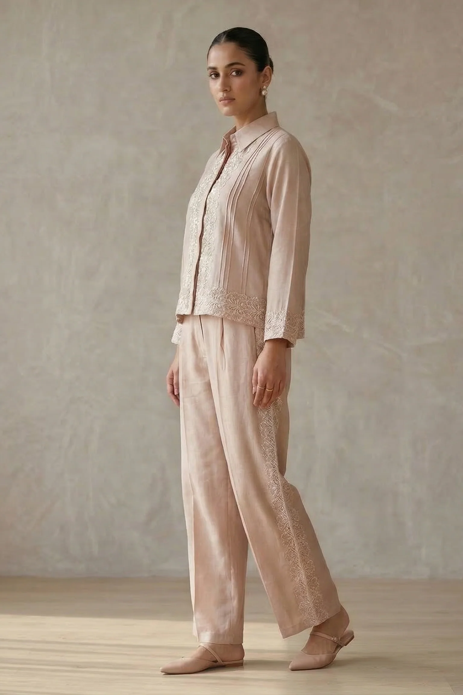 Nude Beige Embroidered Raw Silk Co-Ord Set - Image 2
