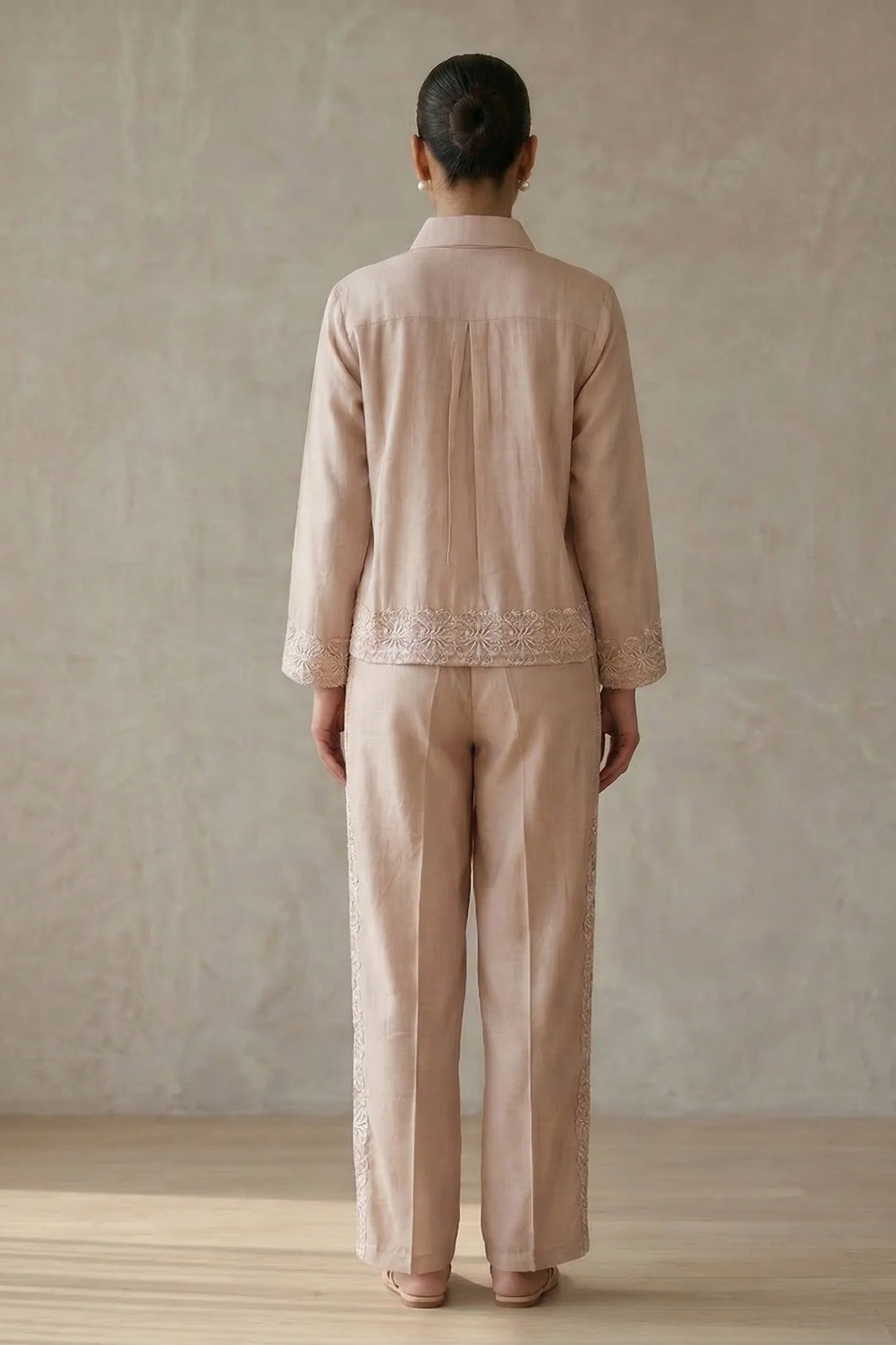 Nude Beige Embroidered Raw Silk Co-Ord Set - Image 3