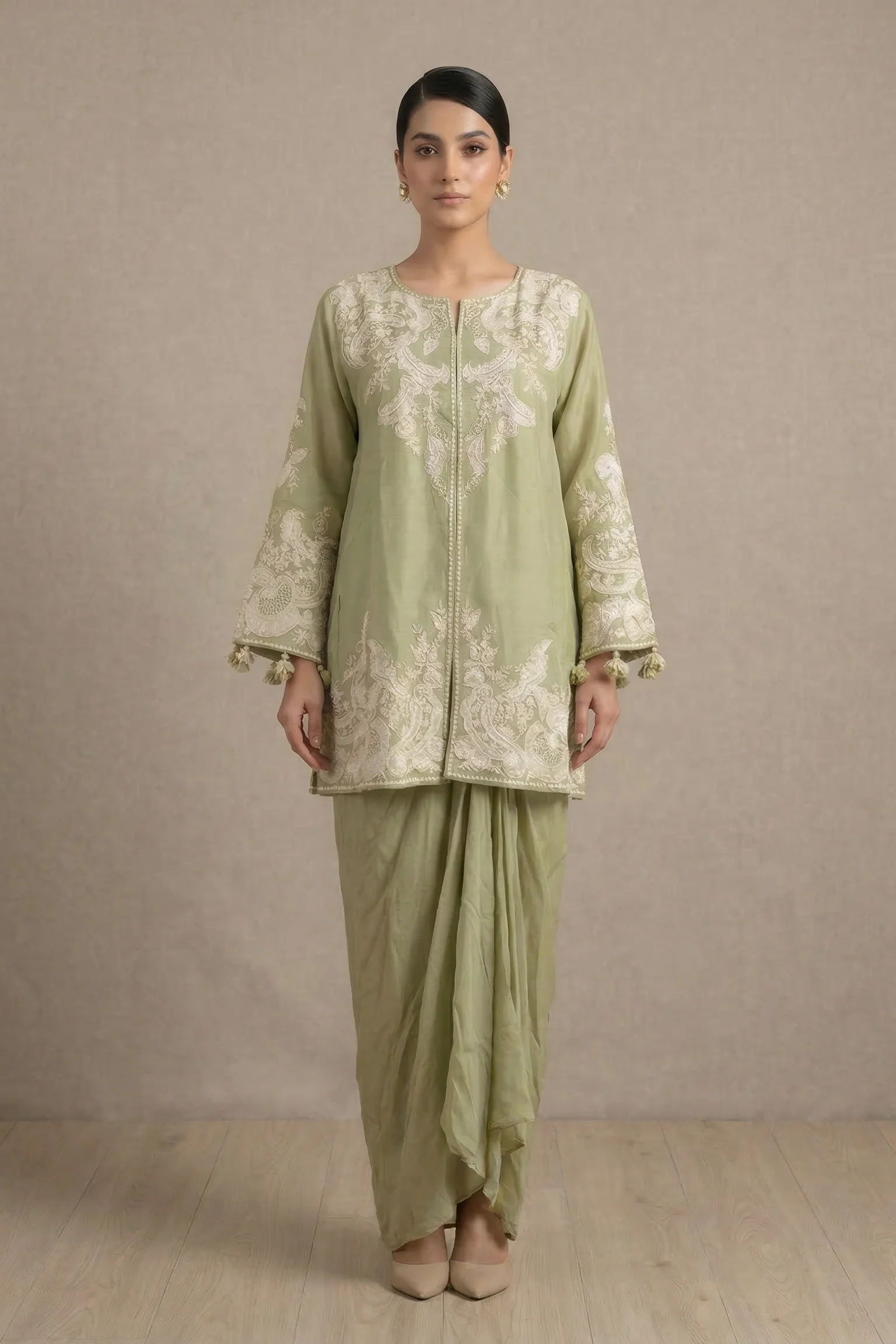 Sage Green Embroidered Raw Silk Draped Skirt Set
