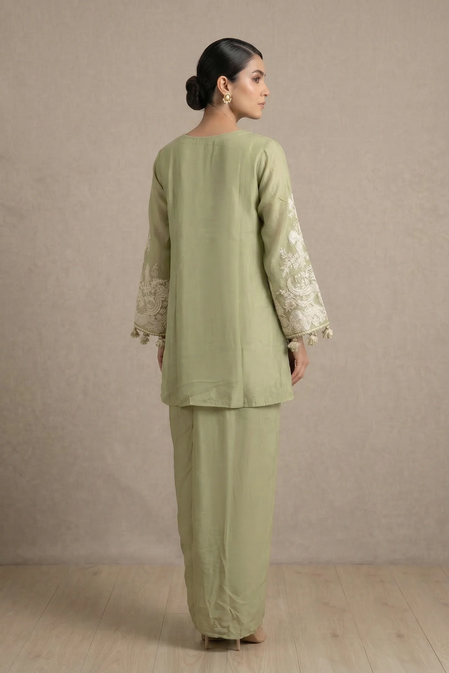 Sage Green Embroidered Raw Silk Draped Skirt Set - Image 2