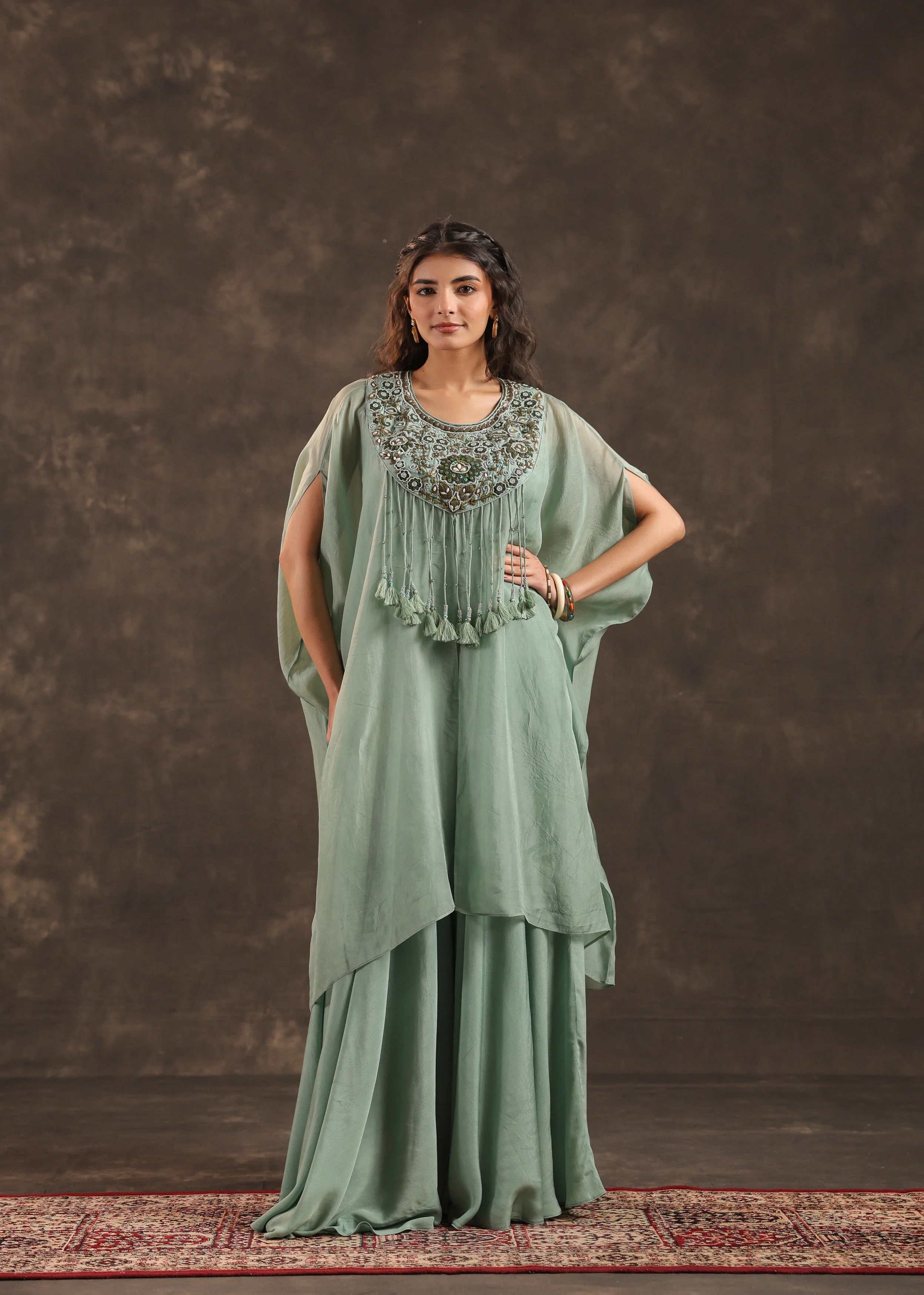 Sage Allure Embellished Organza Silk Palazzo Set - Image 3
