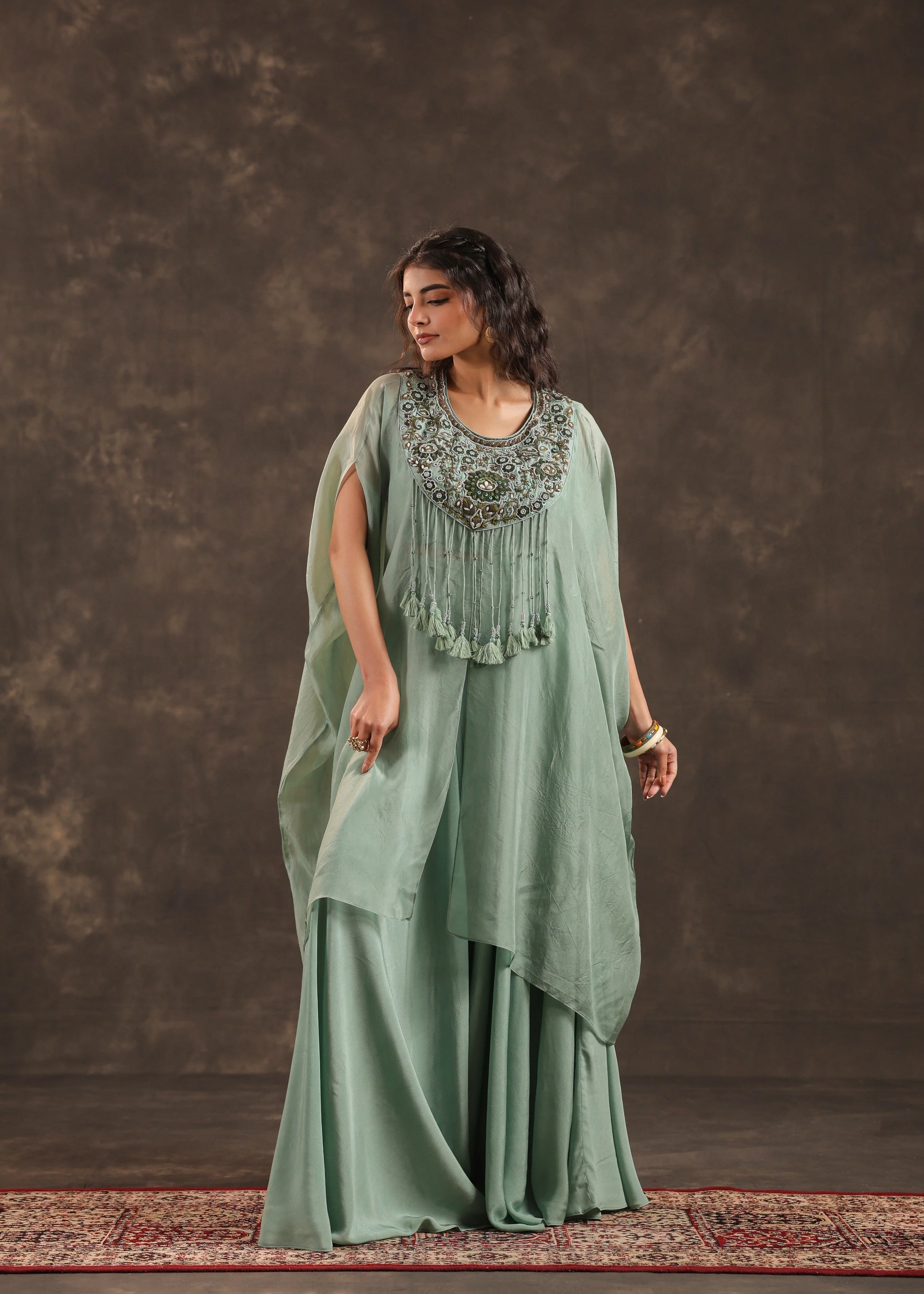 Sage Allure Embellished Organza Silk Palazzo Set - Image 4