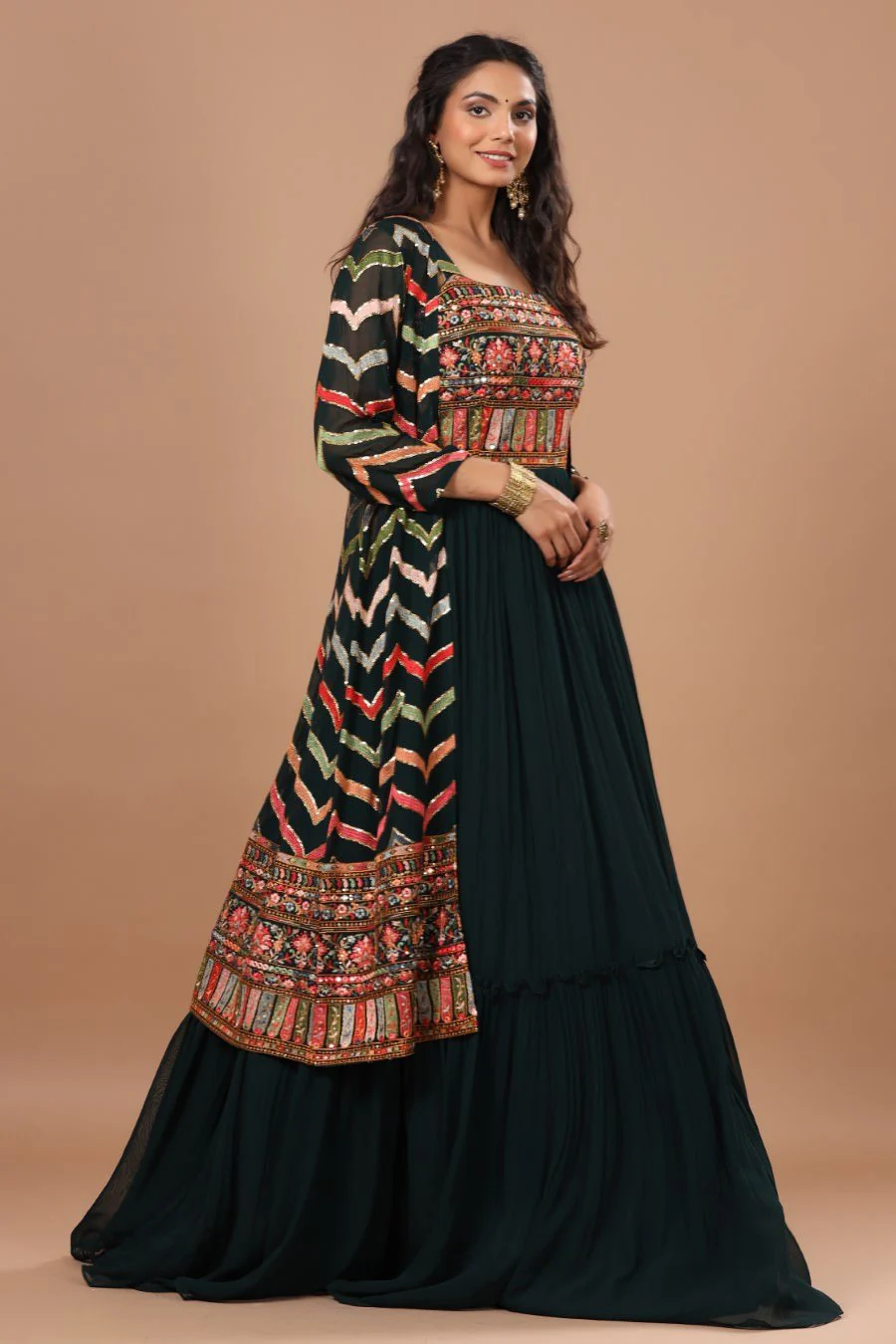 Alluring Bottle Green Resham Embroidered Dress With Cape - Image 3