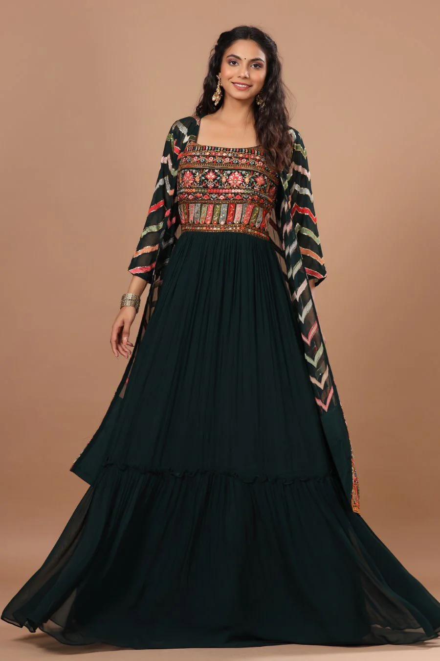 Alluring Bottle Green Resham Embroidered Dress With Cape - Image 4