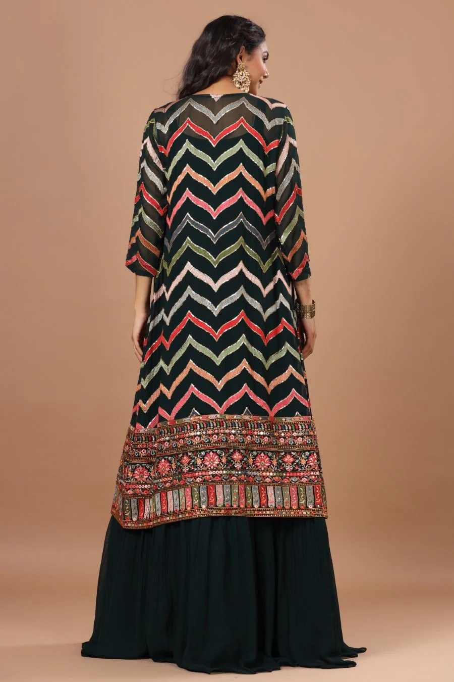 Alluring Bottle Green Resham Embroidered Dress With Cape - Image 5