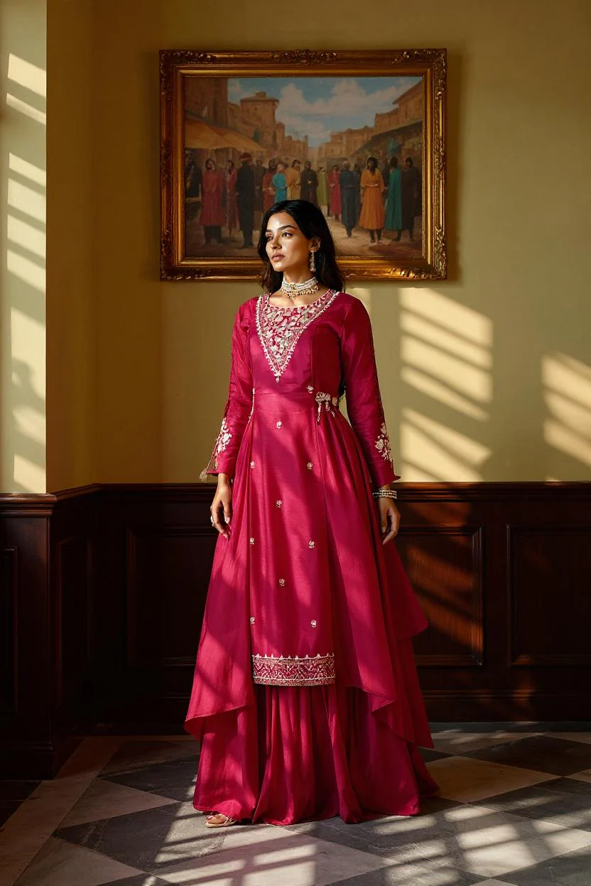 Cherry Red Embellished Viscose Silk Skirt Set - Image 3
