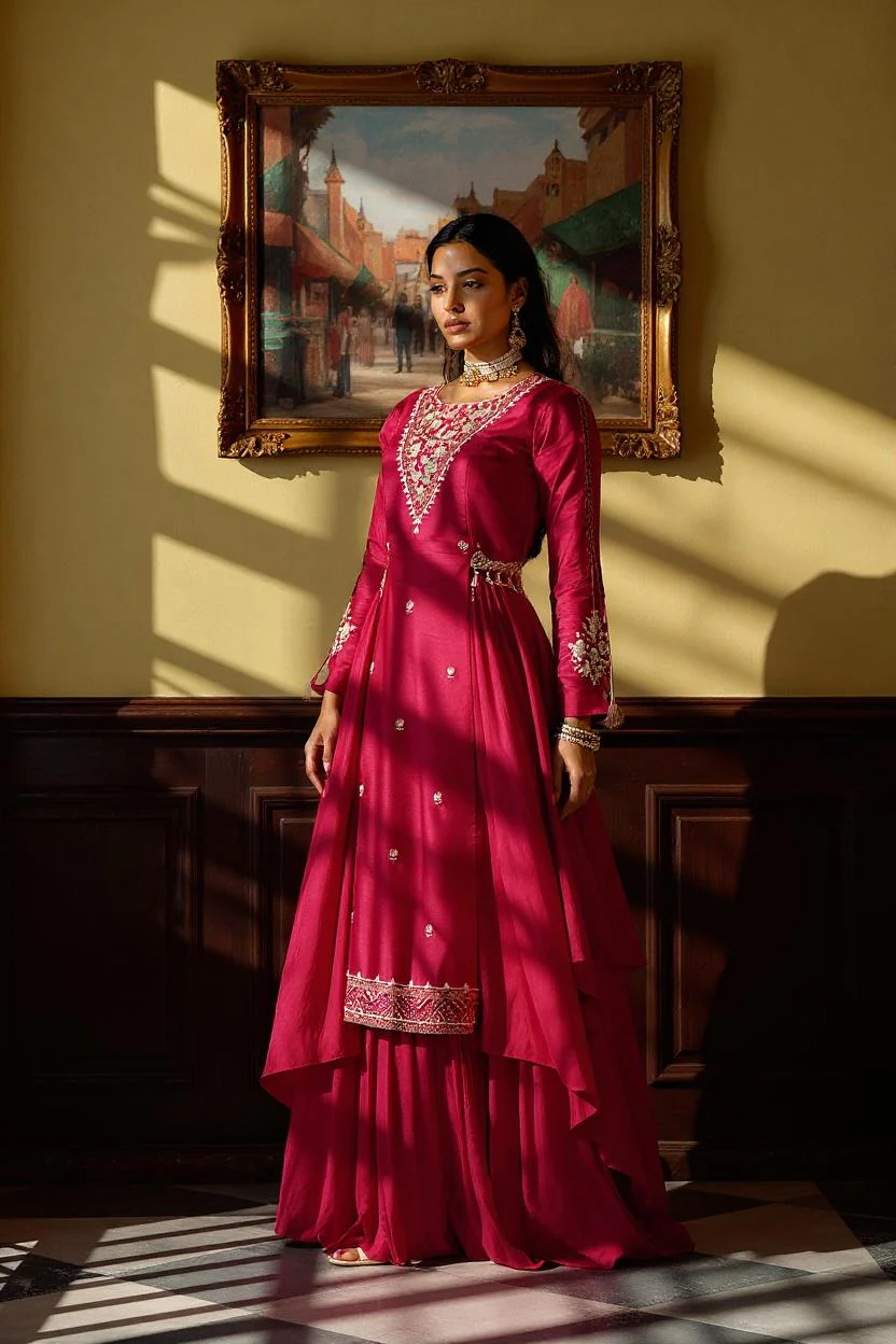 Cherry Red Embellished Viscose Silk Skirt Set - Image 4