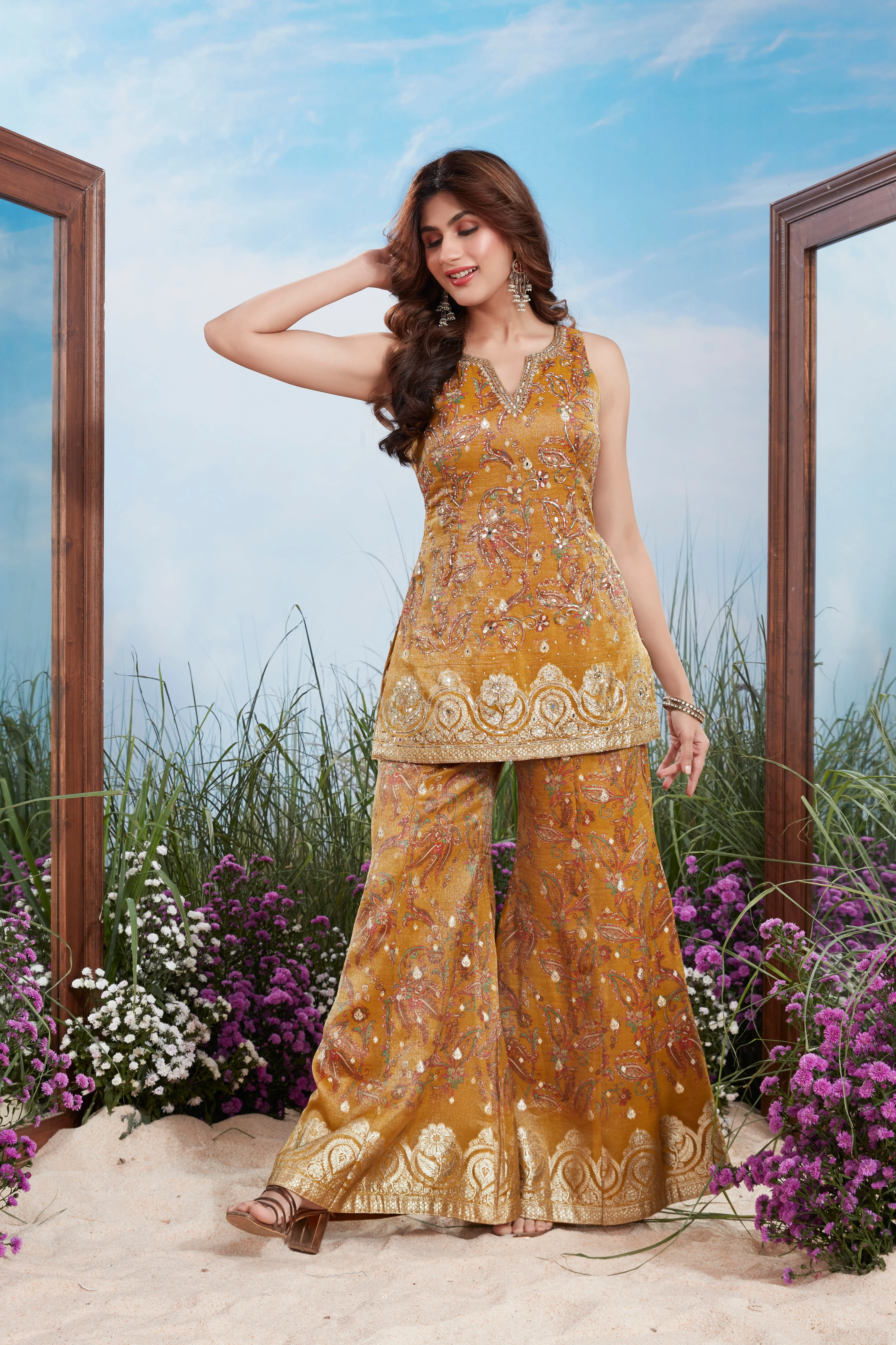Amber Gold Embellished Shimmer Tissue Silk Palazzo Set - Image 2