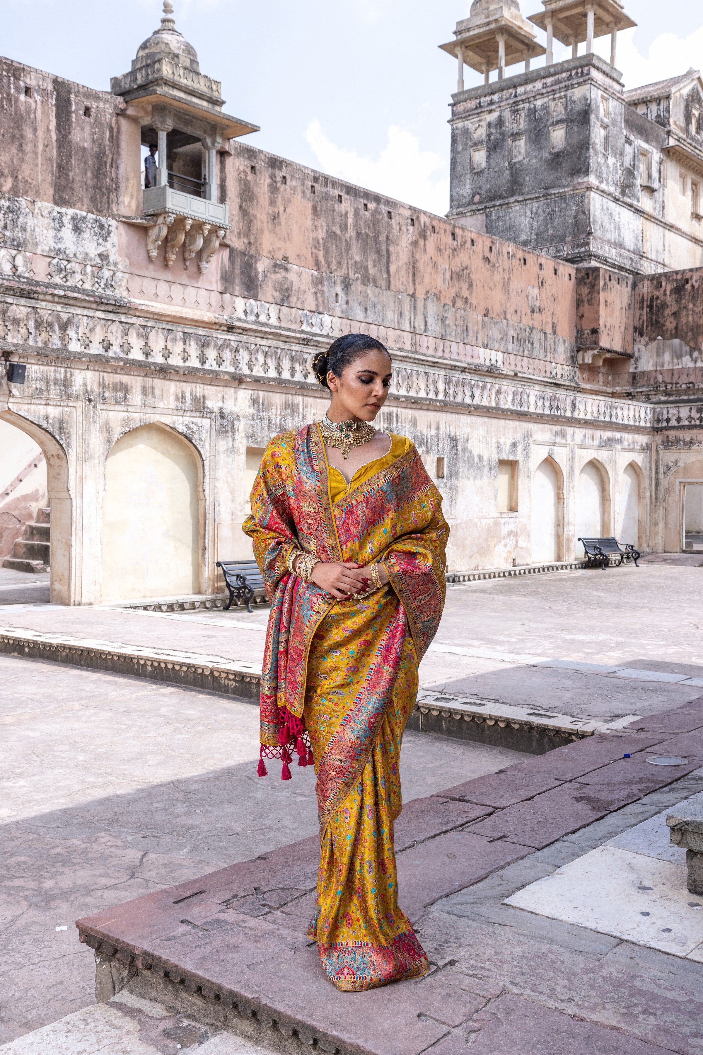 Amber Yellow Woven Gajji Silk Saree - Image 3