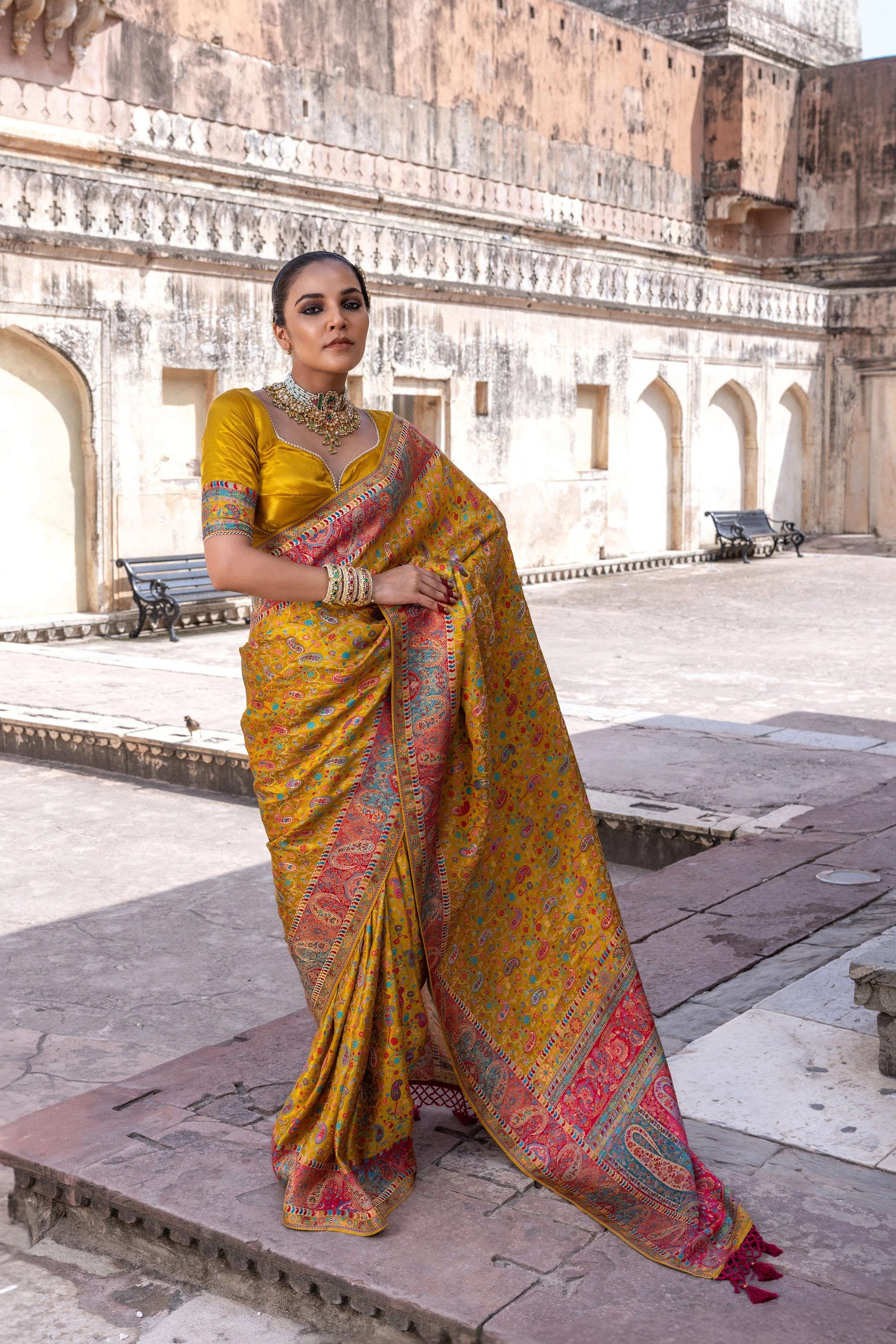 Amber Yellow Woven Gajji Silk Saree - Image 4