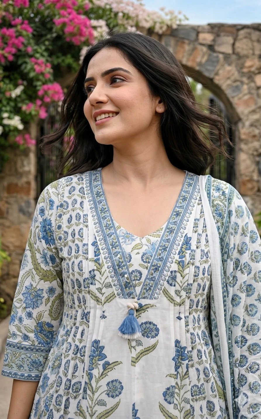 White and Blue Printed Cotton Anarkali Set - Image 2