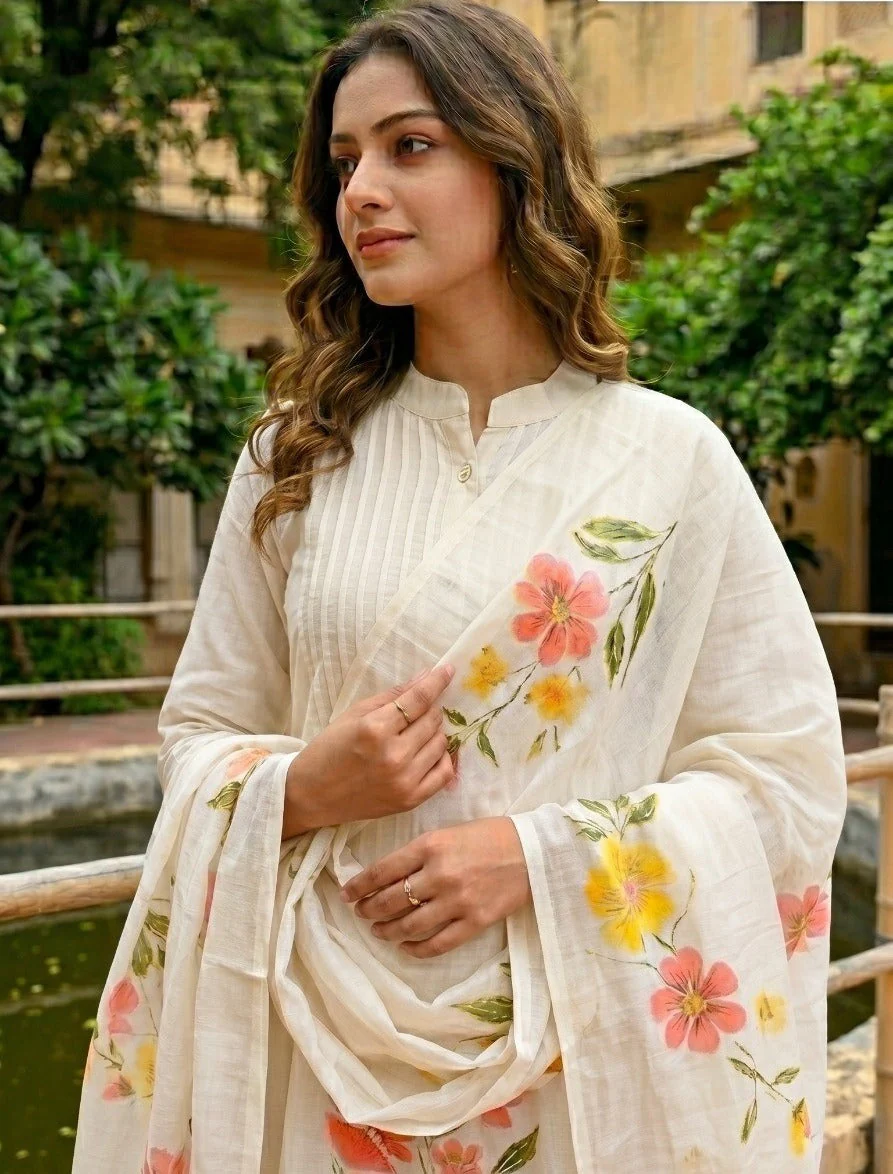 Ivory Embellished Printed Soft Organza Silk Anarkali Set - Image 2