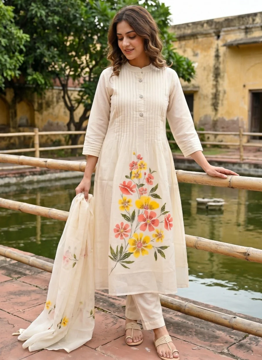 Ivory Embellished Printed Soft Organza Silk Anarkali Set - Image 3