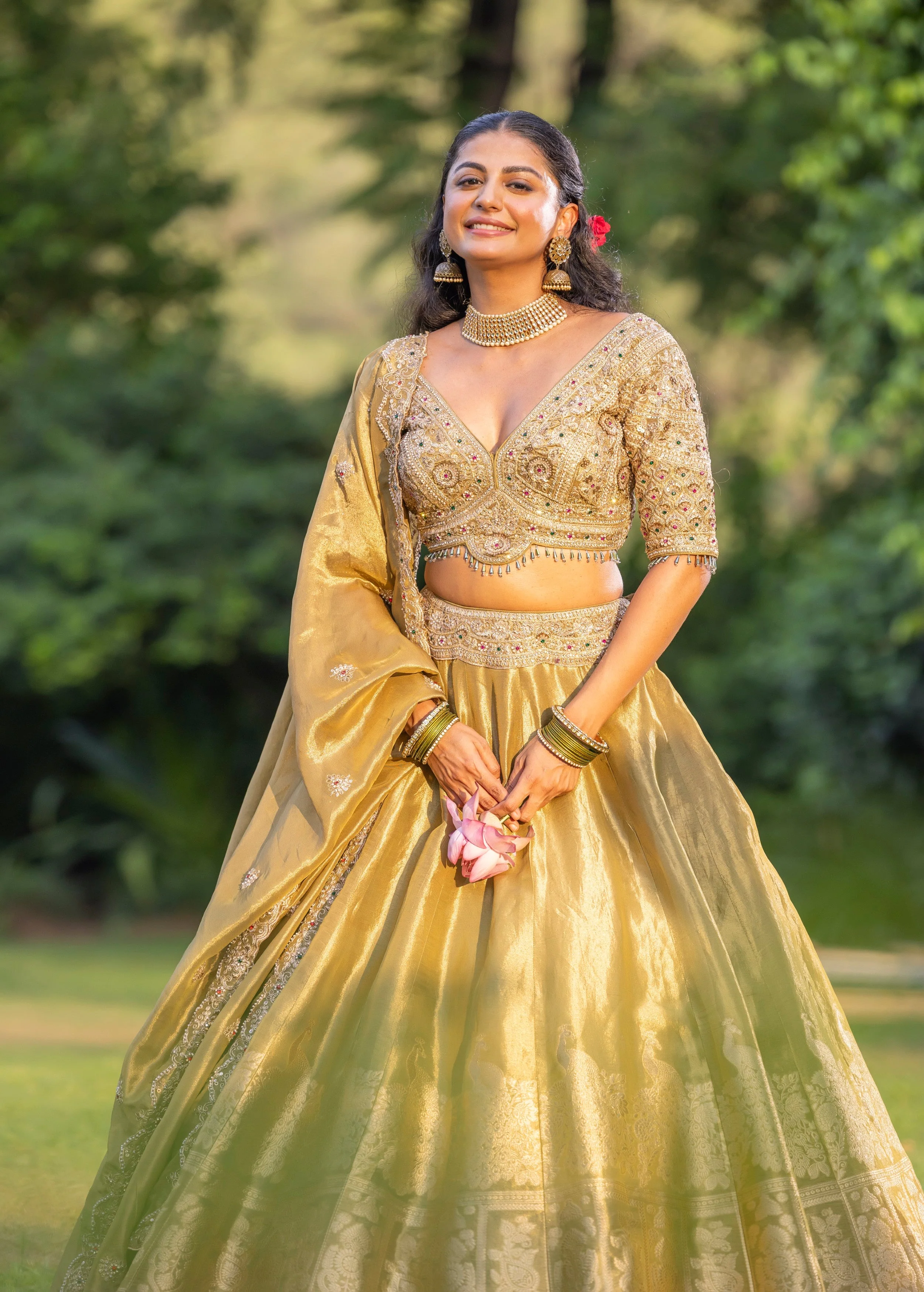 Antique Gold Embellished Banarasi Silk Lehenga Set - Image 2