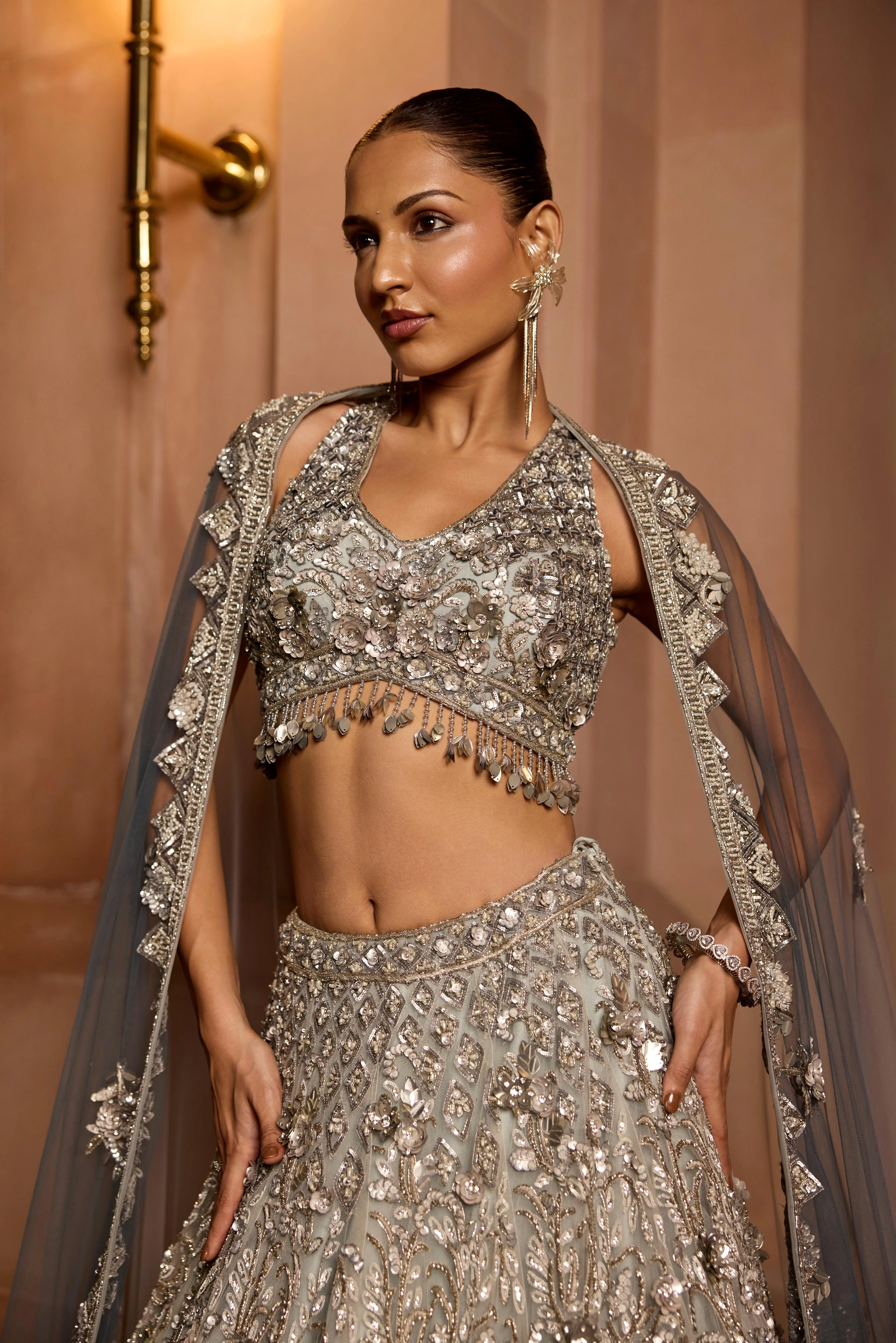 Dusty Grey to Midnight Blue Embellished Premium Lehenga Set - Image 2