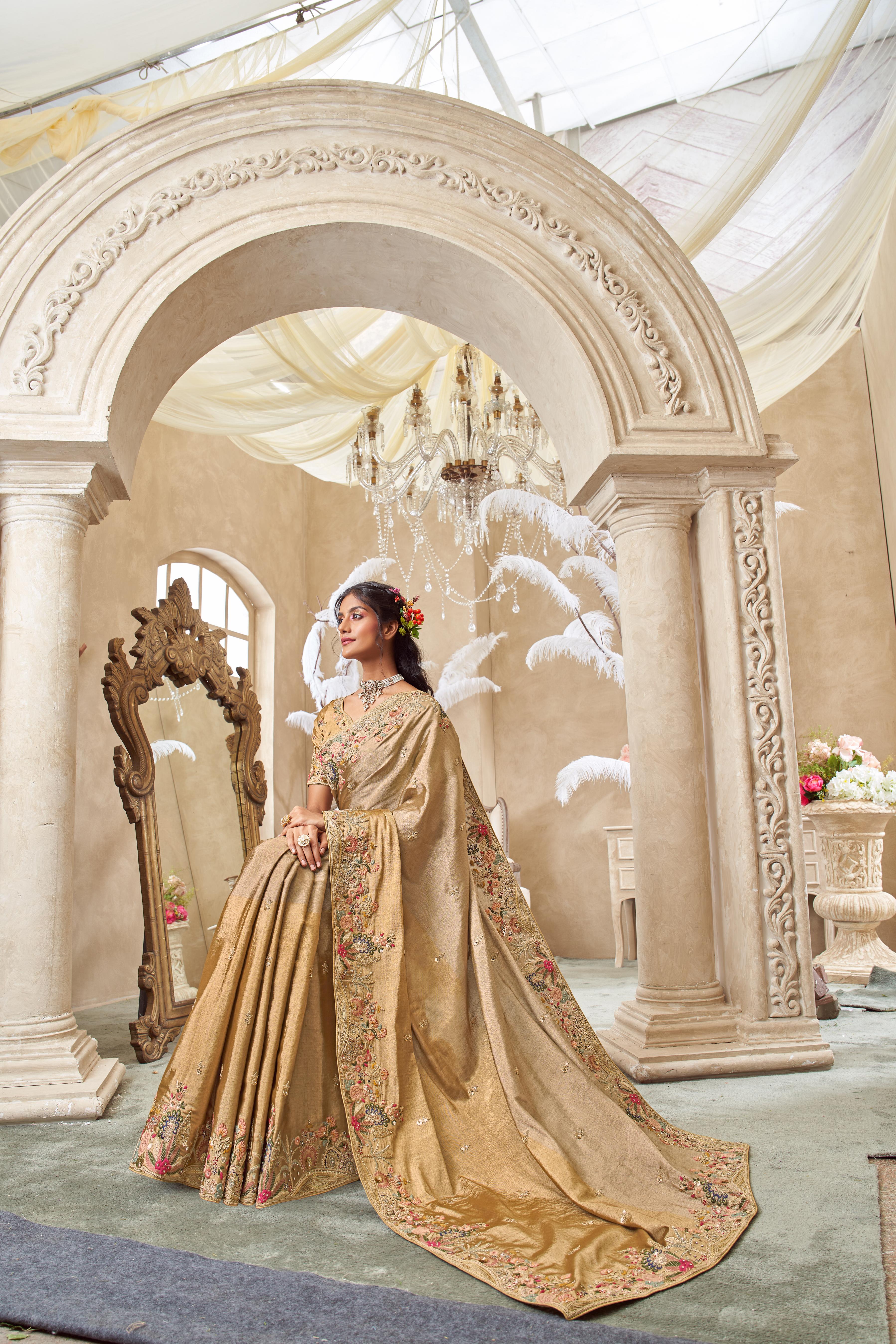 Yellow Gold Embellished Shimmer Tissue Silk Saree - Image 2