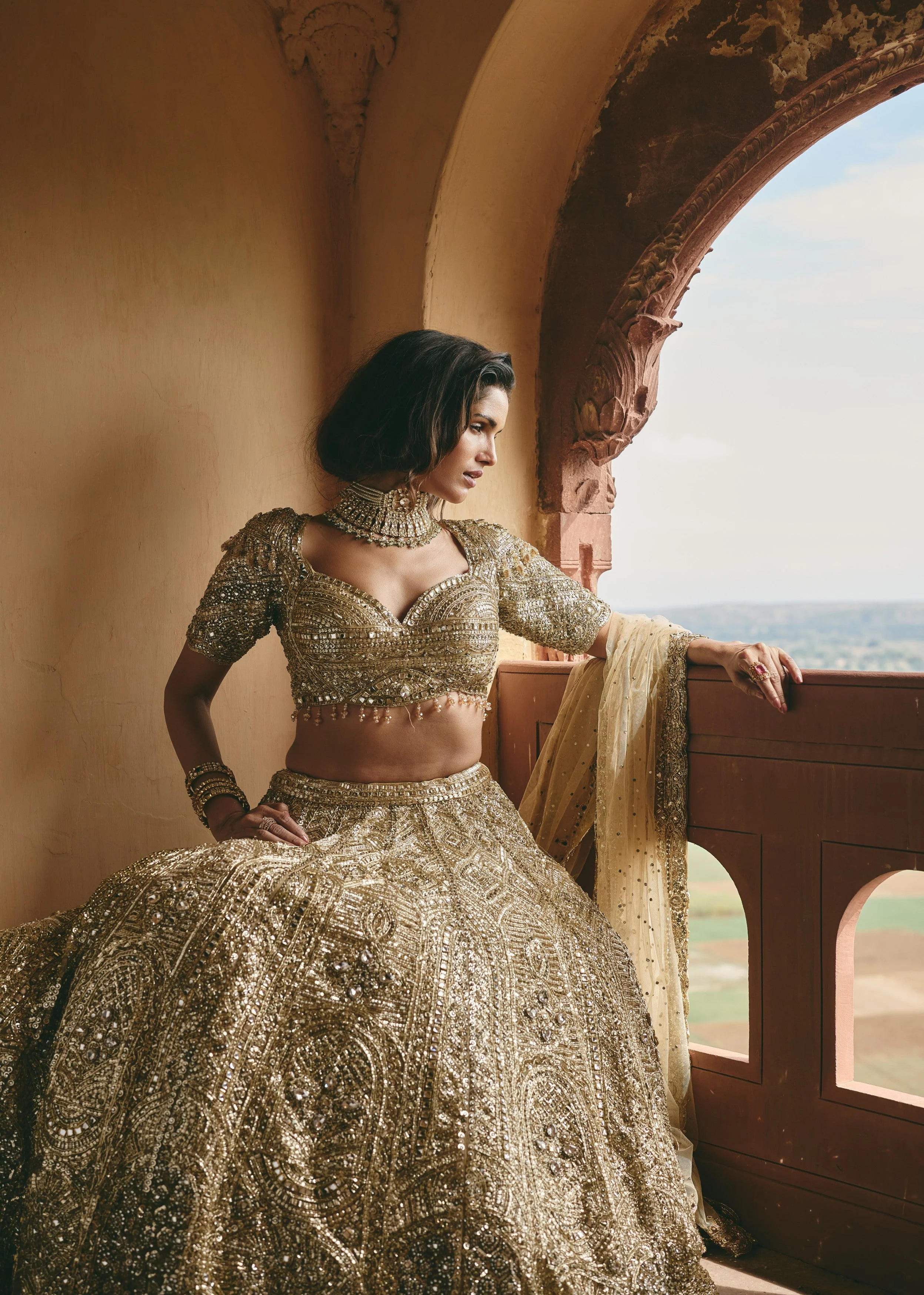 Antique Gold Embellished Premium Net Lehenga Set - Image 2