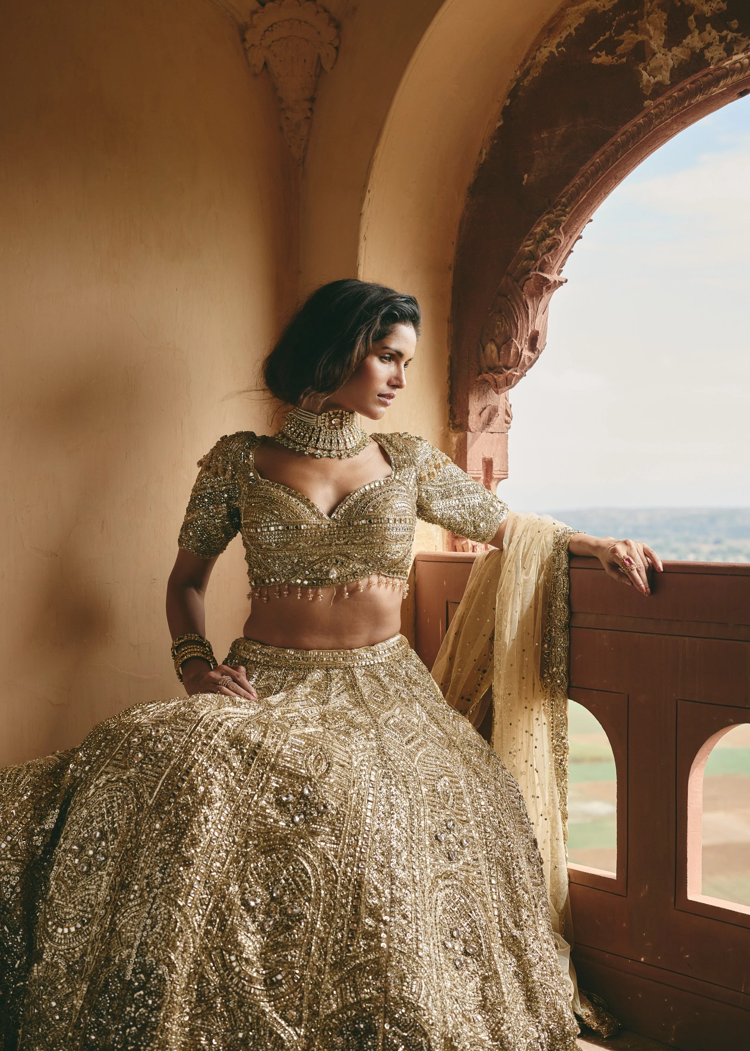 Antique Gold Embellished Premium Net Lehenga Set - Image 3