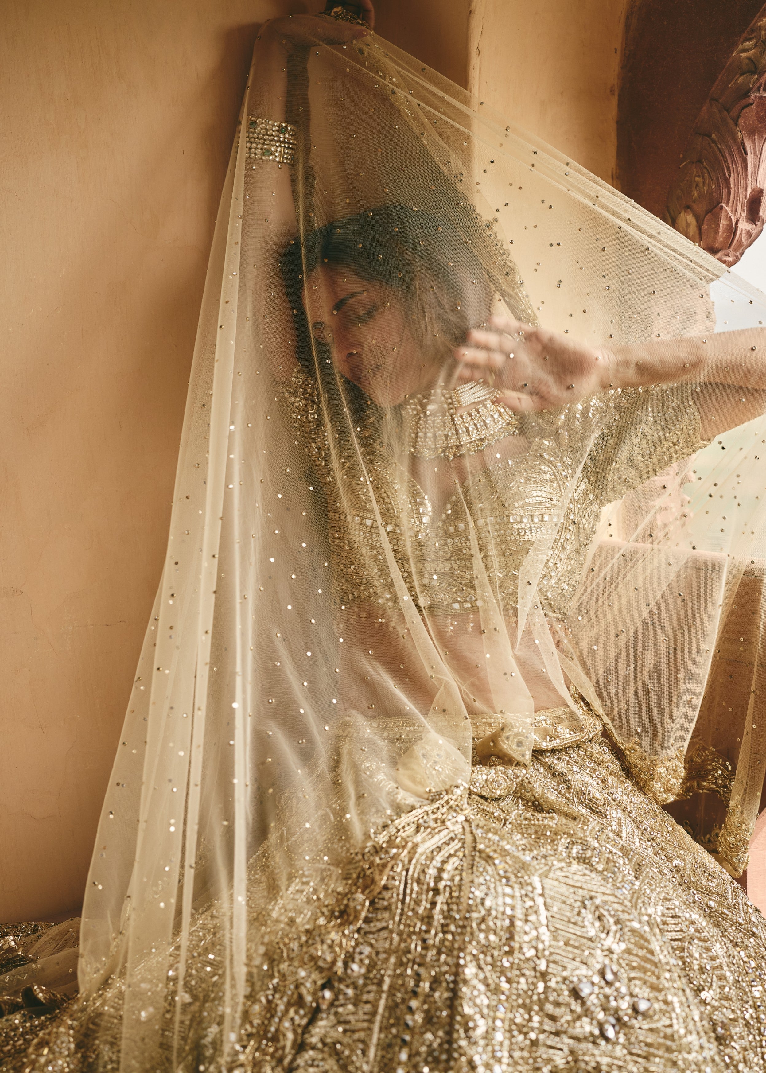 Antique Gold Embellished Premium Net Lehenga Set - Image 4
