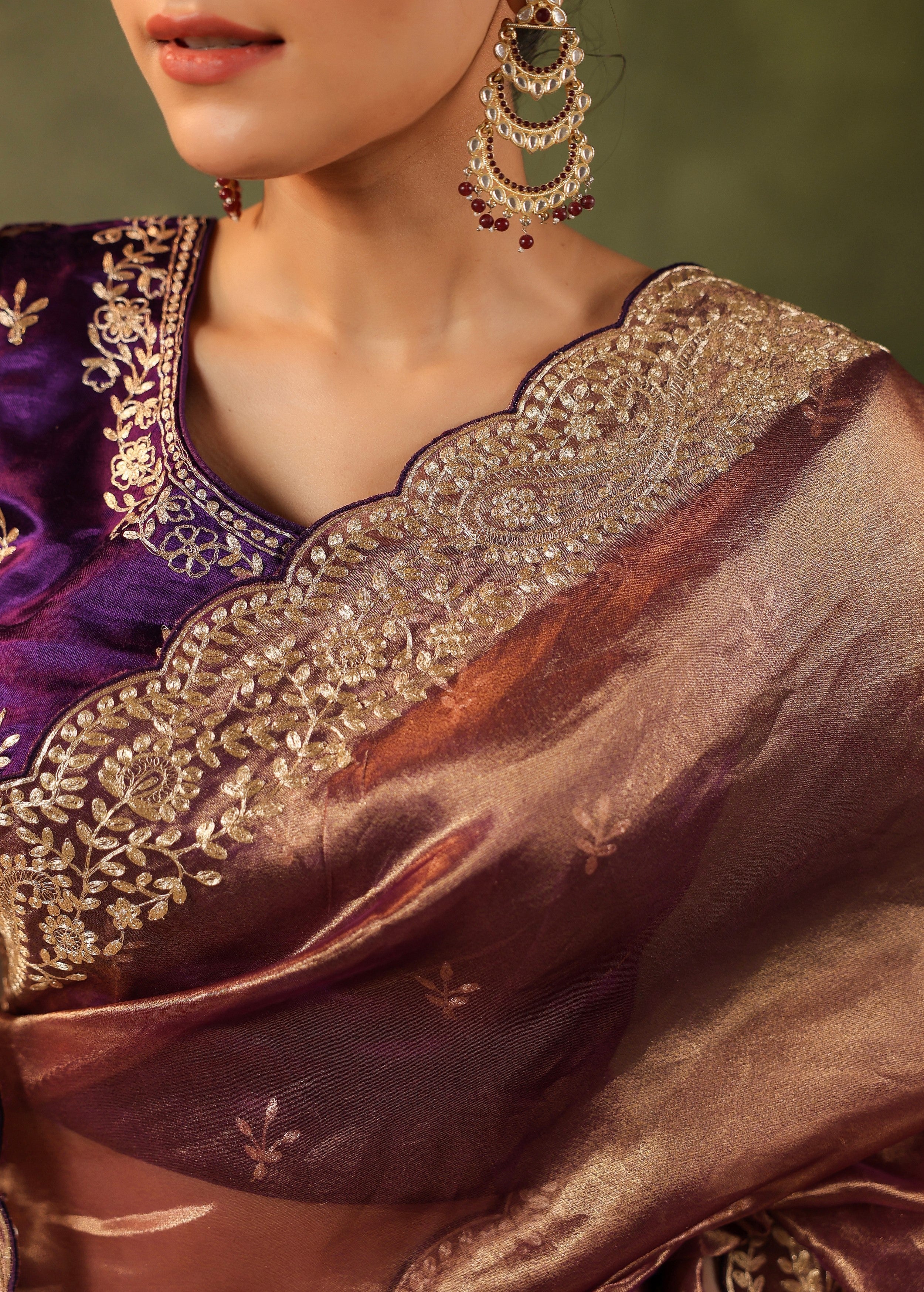 Antique Maroon Embroidered Organza Silk Saree - Image 2