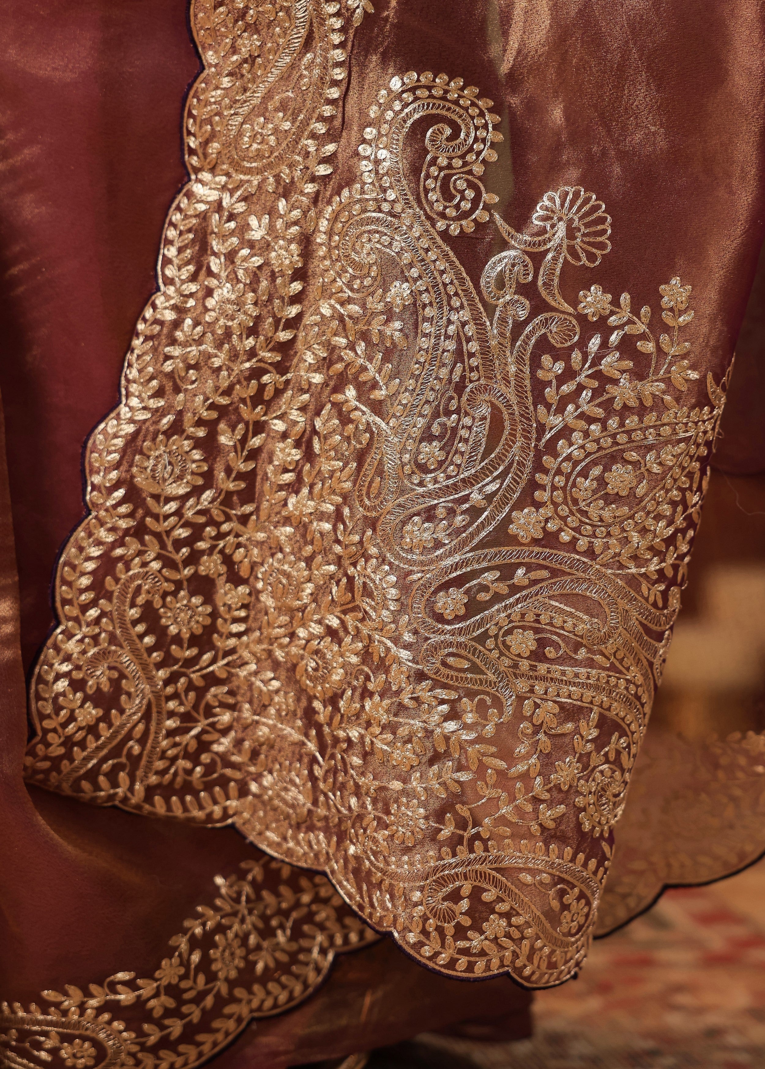 Antique Maroon Embroidered Organza Silk Saree - Image 4