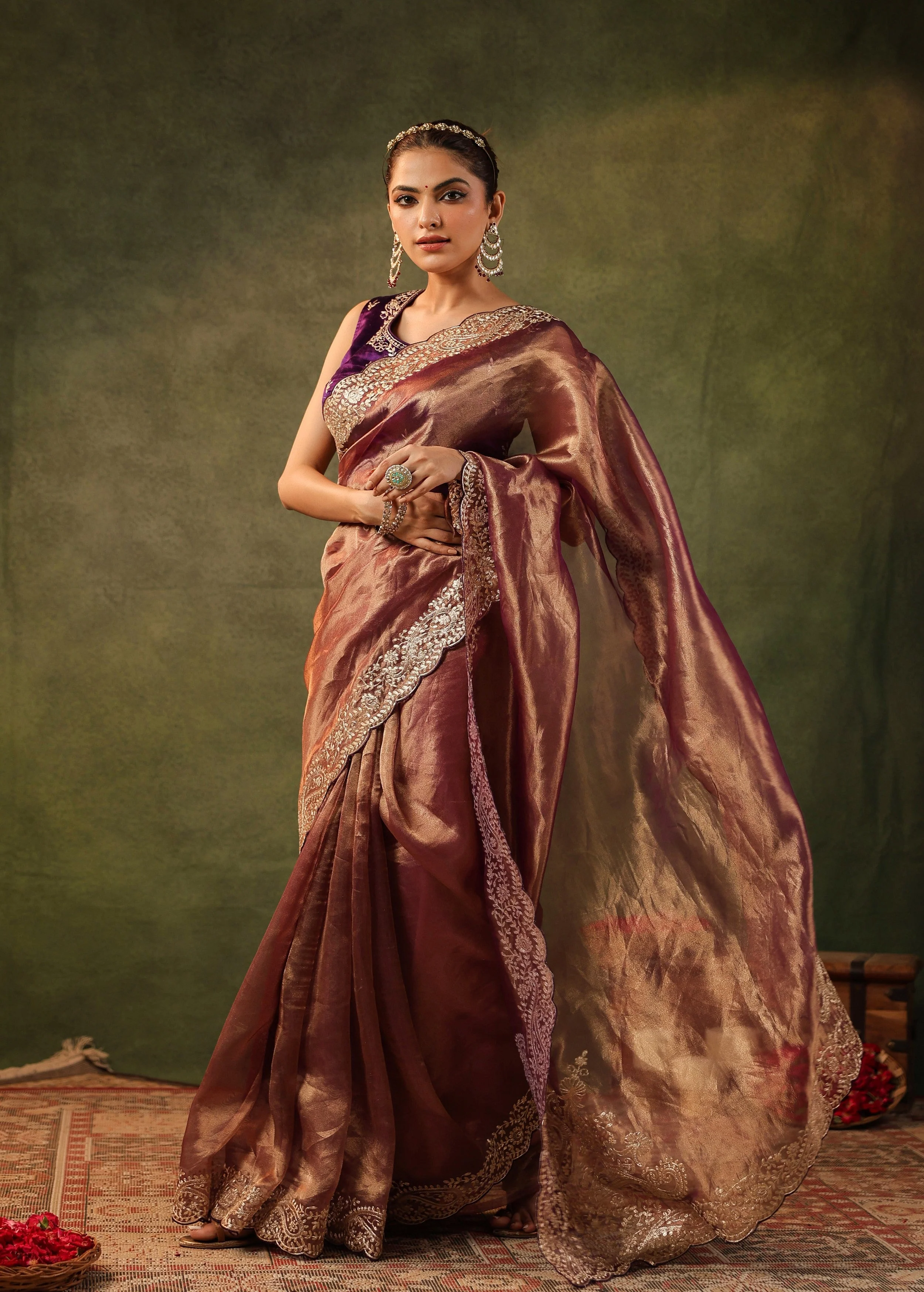 Antique Maroon Embroidered Organza Silk Saree - Image 5