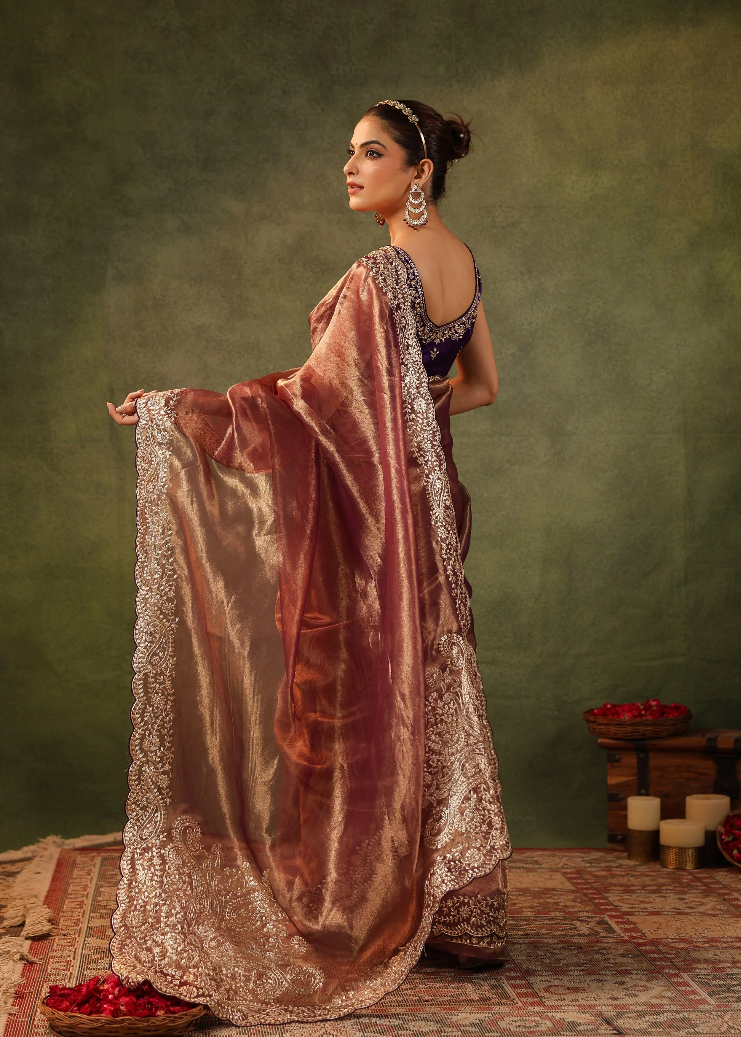 Antique Maroon Embroidered Organza Silk Saree - Image 6