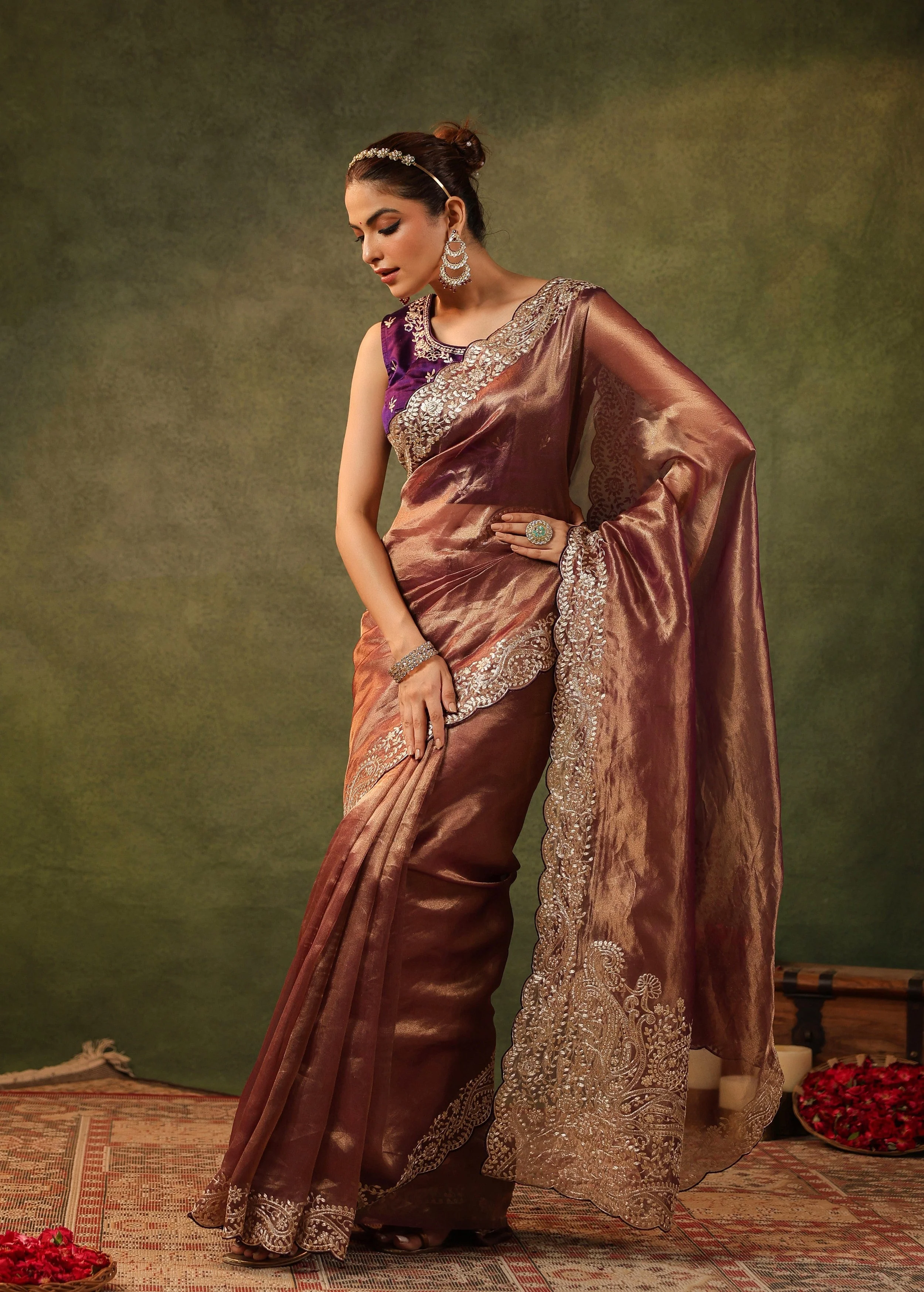 Antique Maroon Embroidered Organza Silk Saree - Image 7