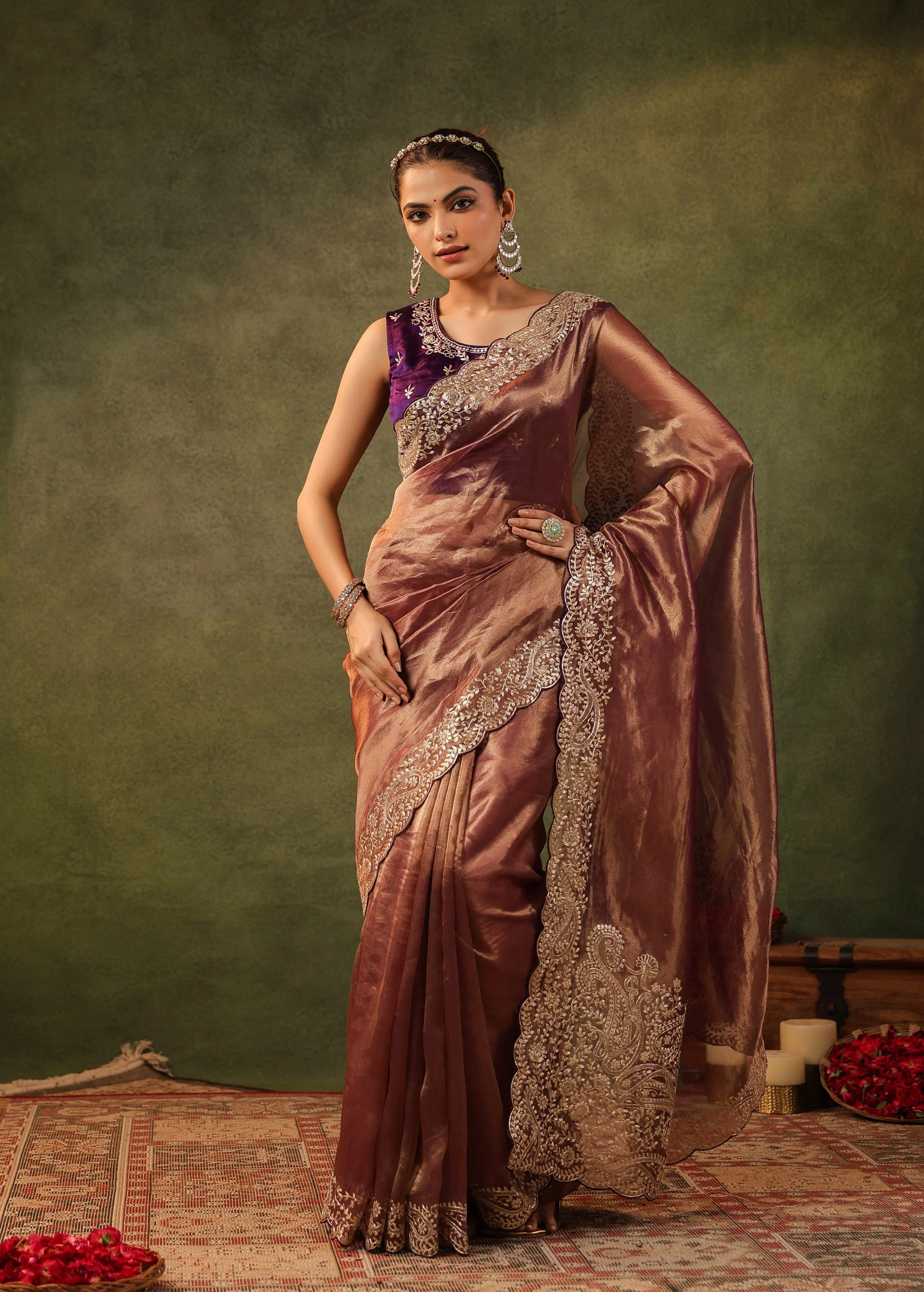 Antique Maroon Embroidered Organza Silk Saree - Image 8
