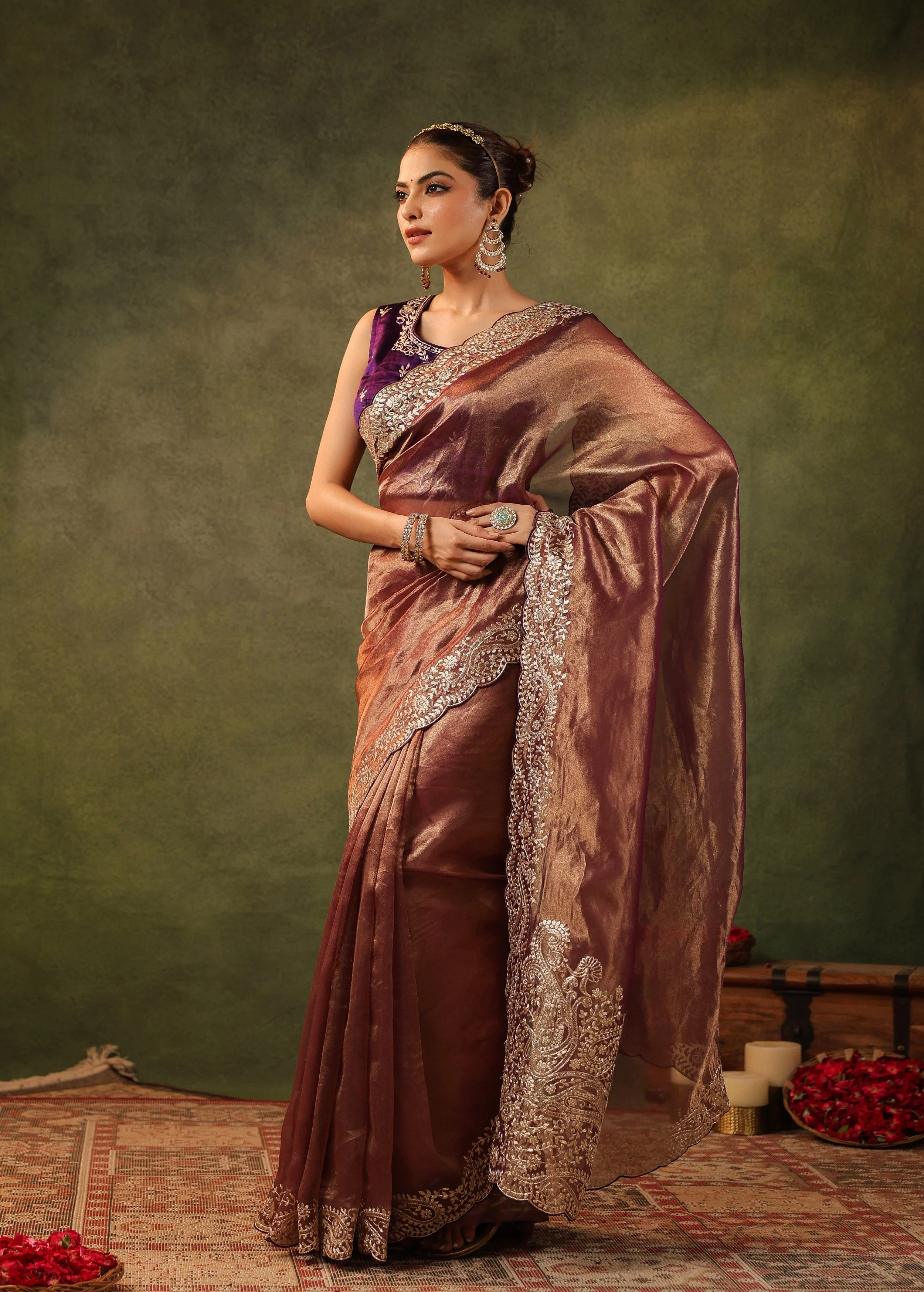 Antique Maroon Embroidered Organza Silk Saree - Image 9