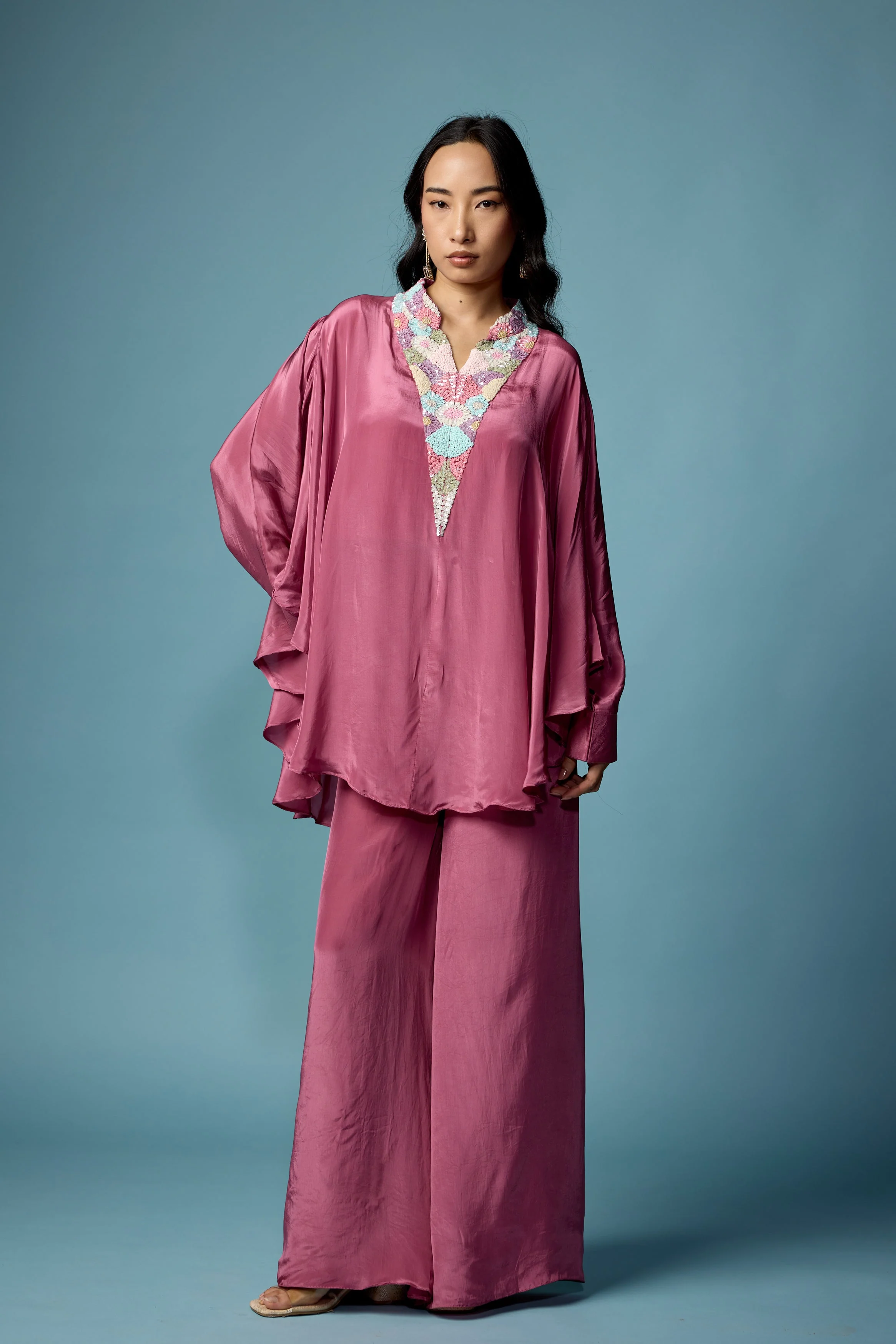 Dusty Pink Embellished Satin Silk Co-Ord Set