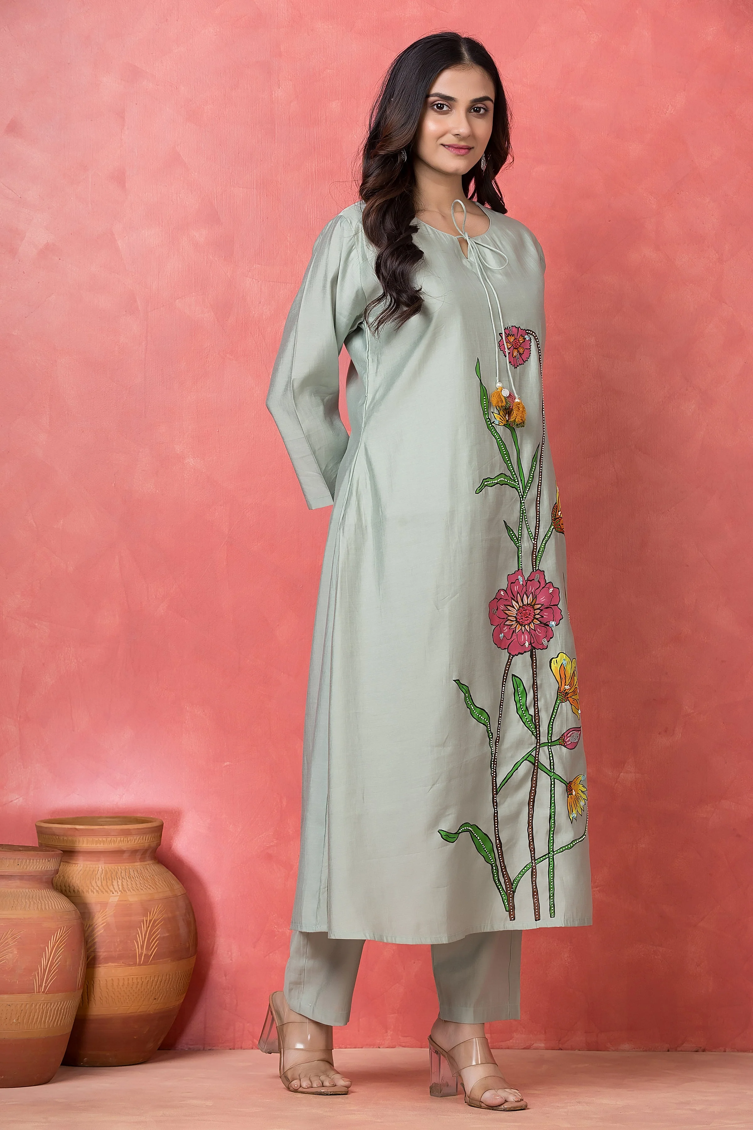 Seafoam Bloom Embellished Premium Silk Kurta Set - Image 3