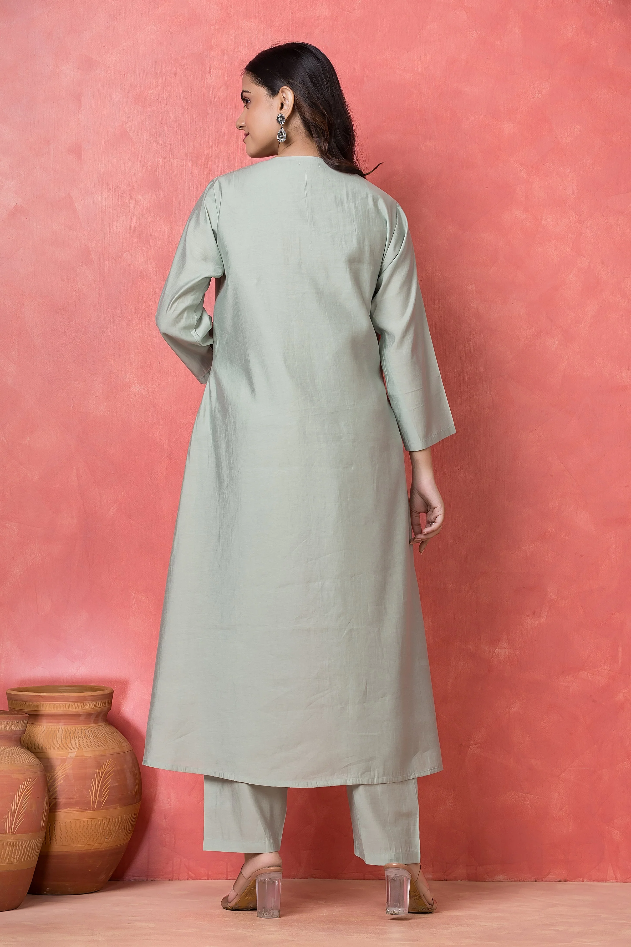 Seafoam Bloom Embellished Premium Silk Kurta Set - Image 4