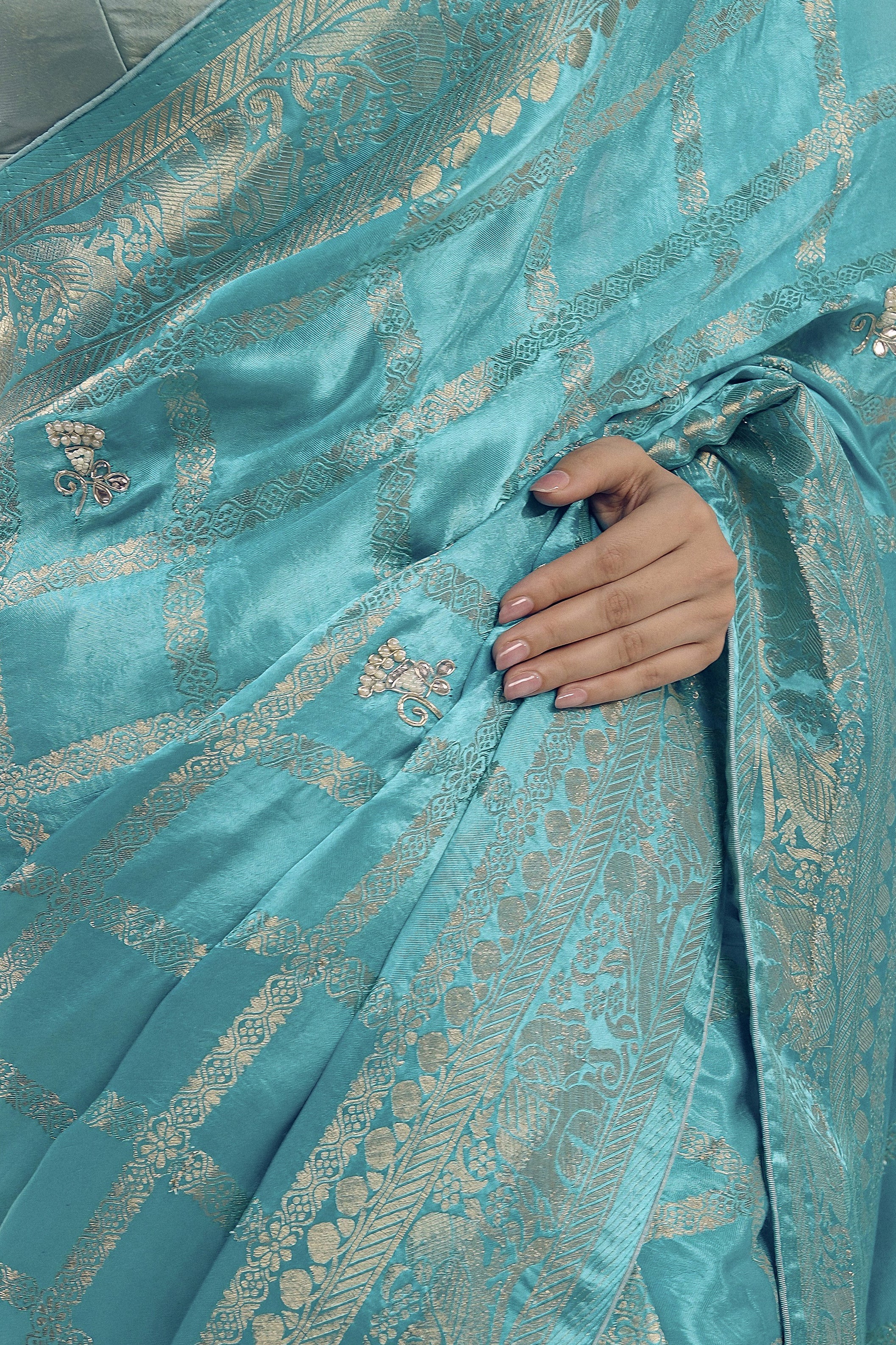 Aqua Blue Embellished Premium Banarasi Silk Saree - Image 2