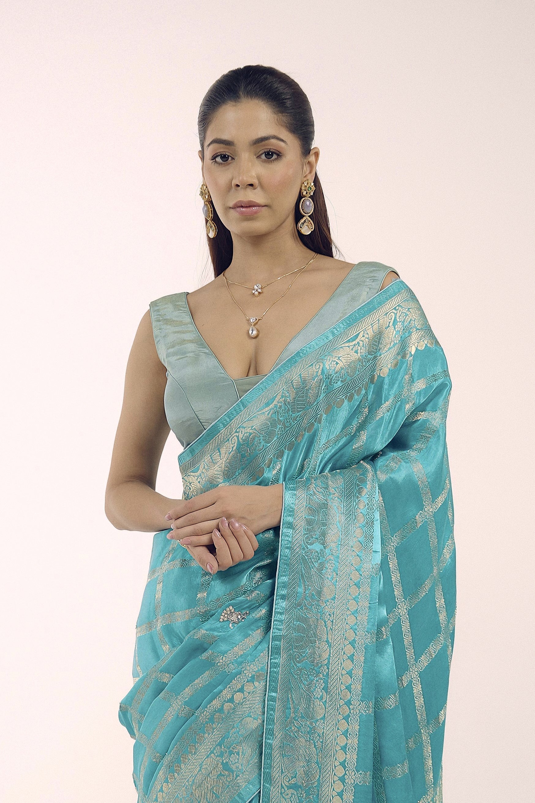 Aqua Blue Embellished Premium Banarasi Silk Saree - Image 3