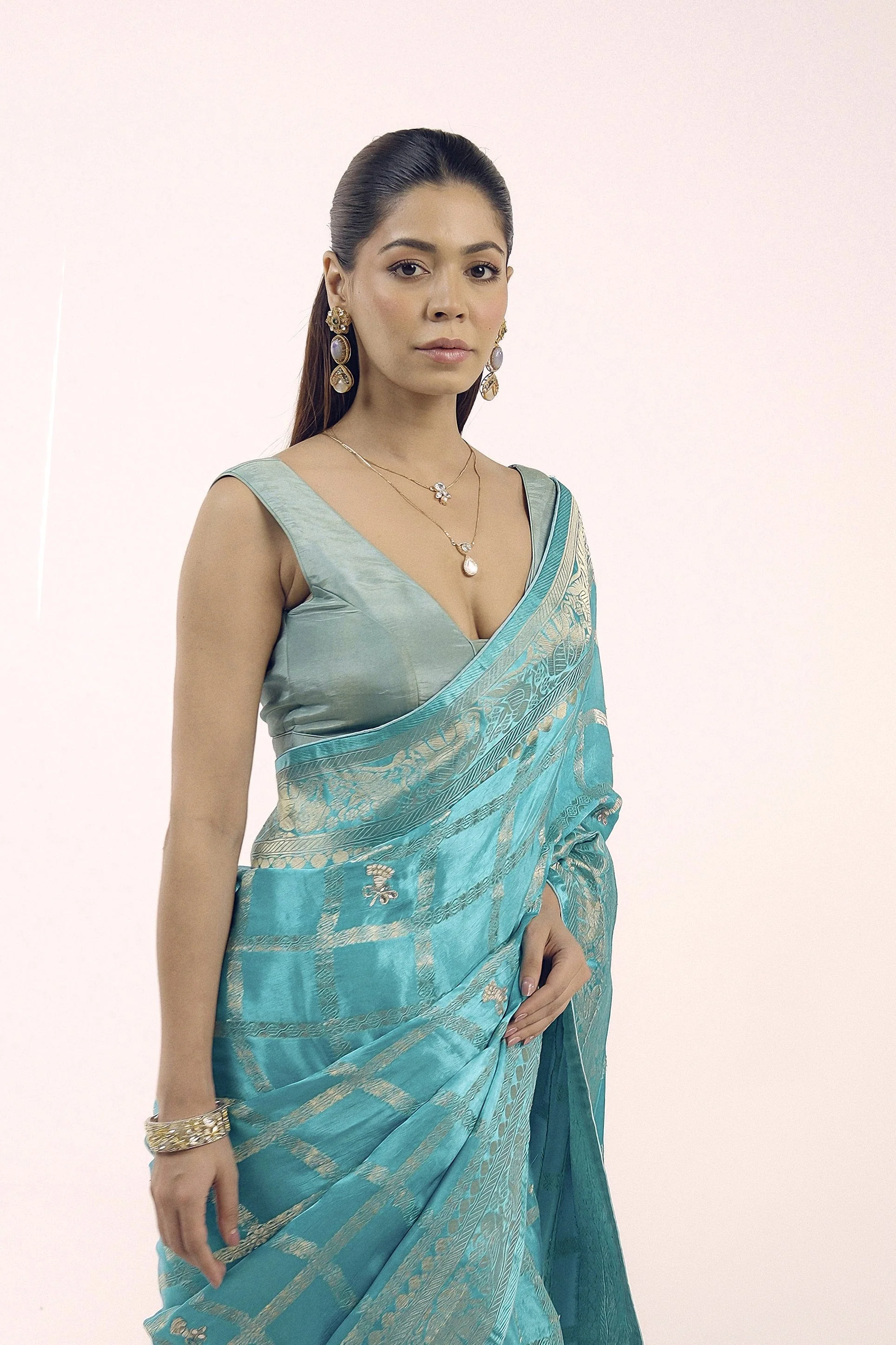 Aqua Blue Embellished Premium Banarasi Silk Saree - Image 4