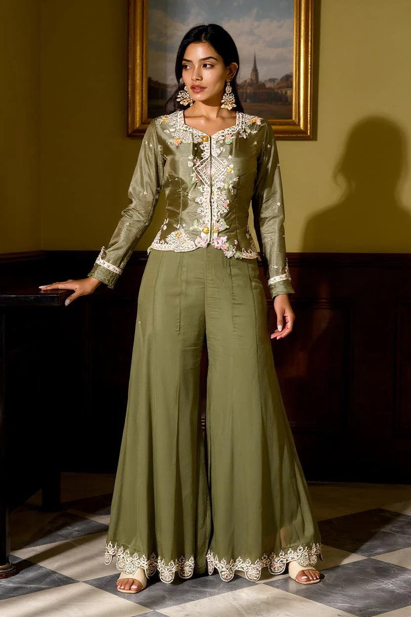 Green Embellished Viscose Silk Skirt Set - Image 3