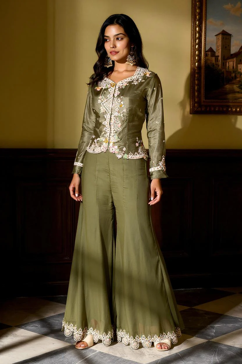 Green Embellished Viscose Silk Skirt Set - Image 4