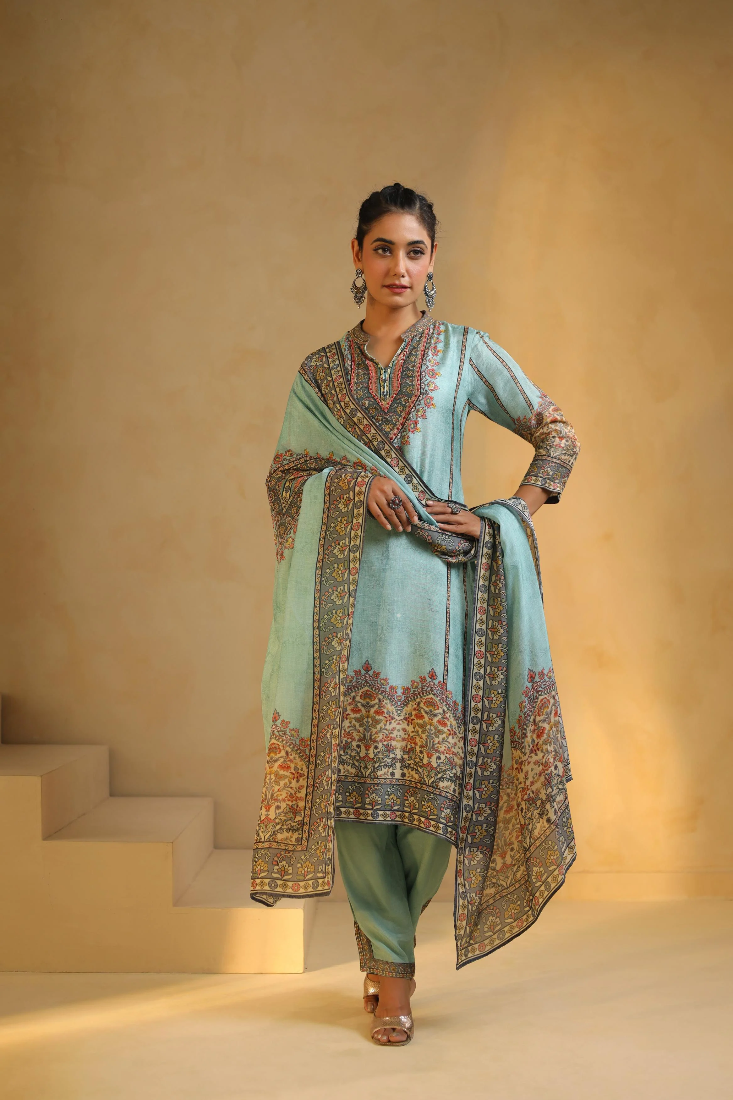 Aqua Blue Printed Dola Silk Pant Set - Image 4
