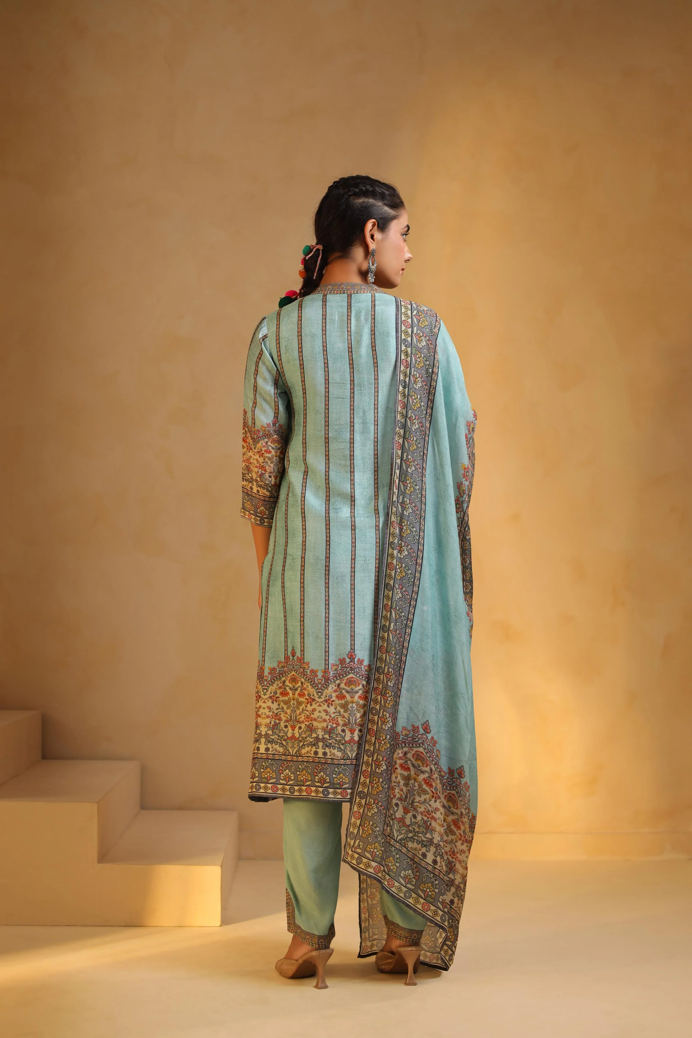 Aqua Blue Printed Dola Silk Pant Set - Image 5