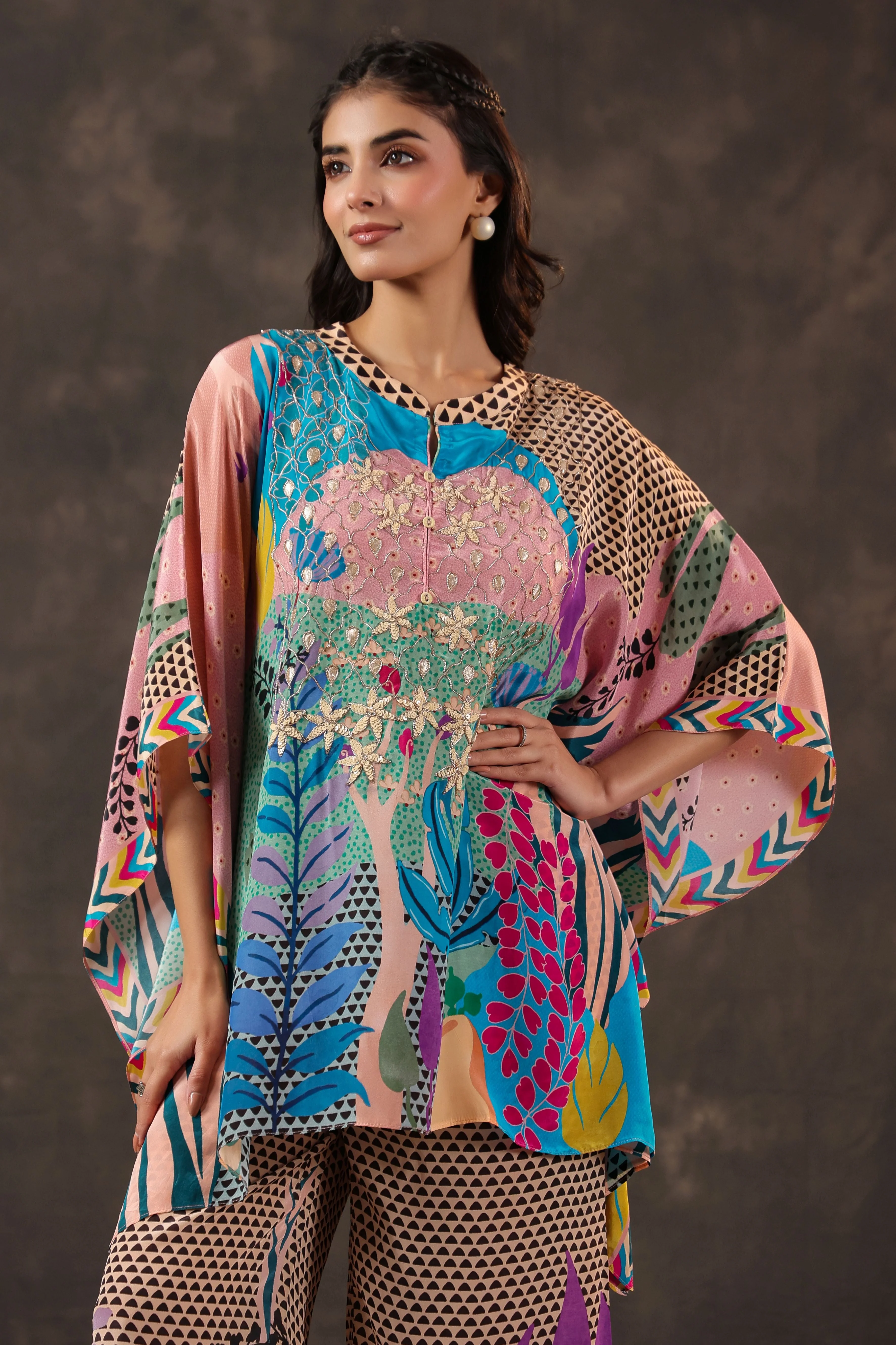 Aqua Botanical Printed Crepe Silk Co-Ord Set - Image 2