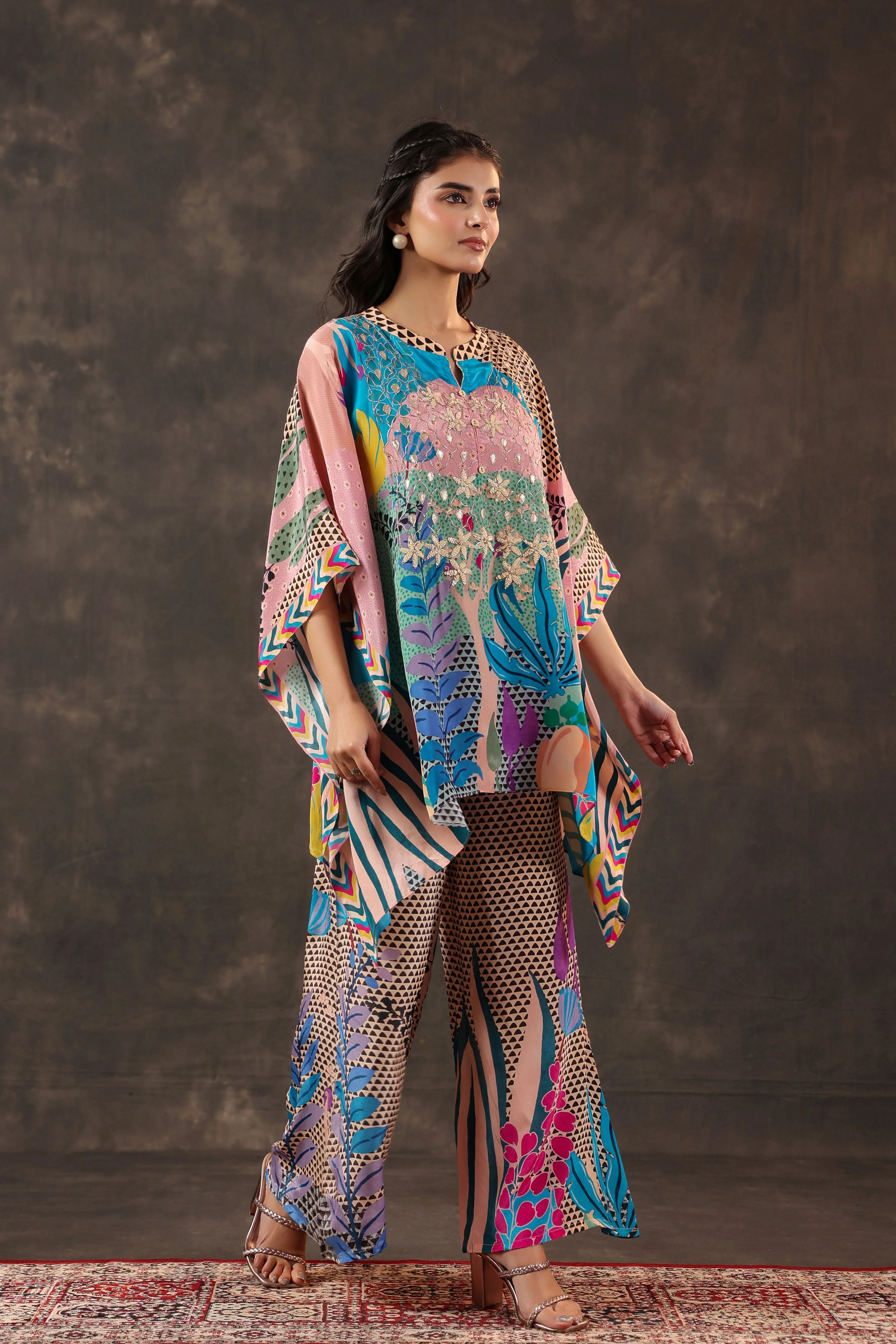 Aqua Botanical Printed Crepe Silk Co-Ord Set - Image 3