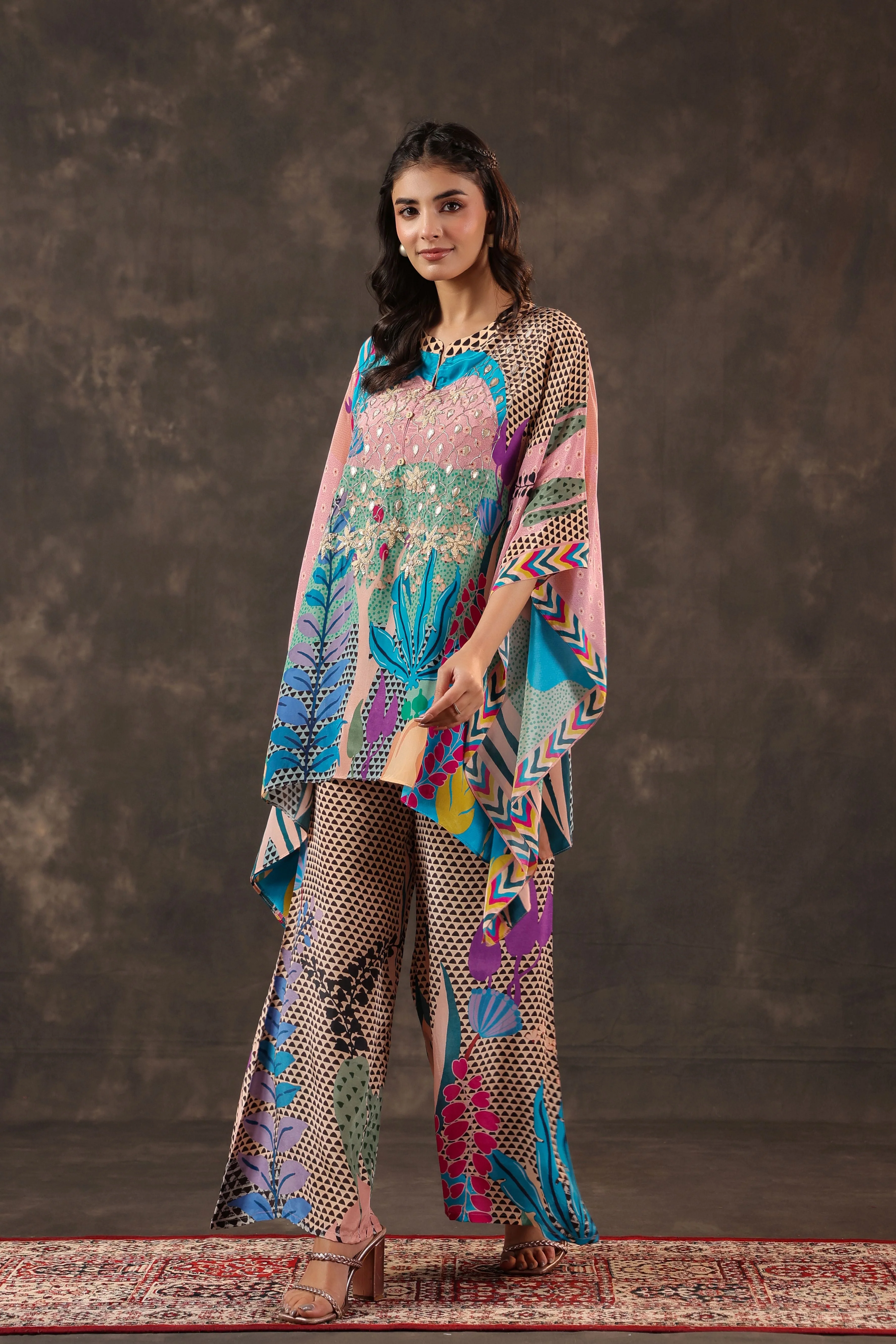 Aqua Botanical Printed Crepe Silk Co-Ord Set - Image 4