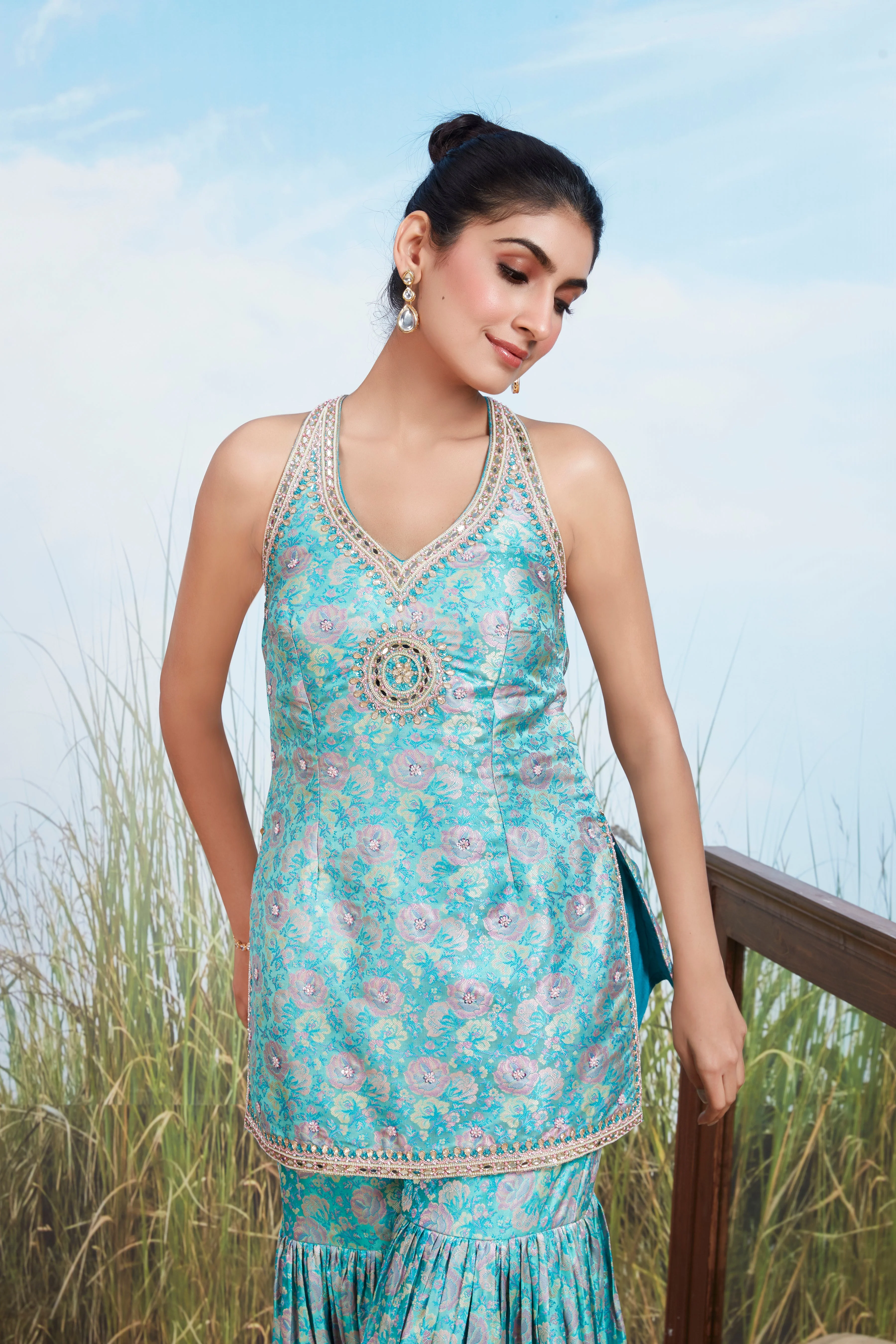 Aqua Blue Embellished Shimmer Tissue Silk Sharara Set - Image 2