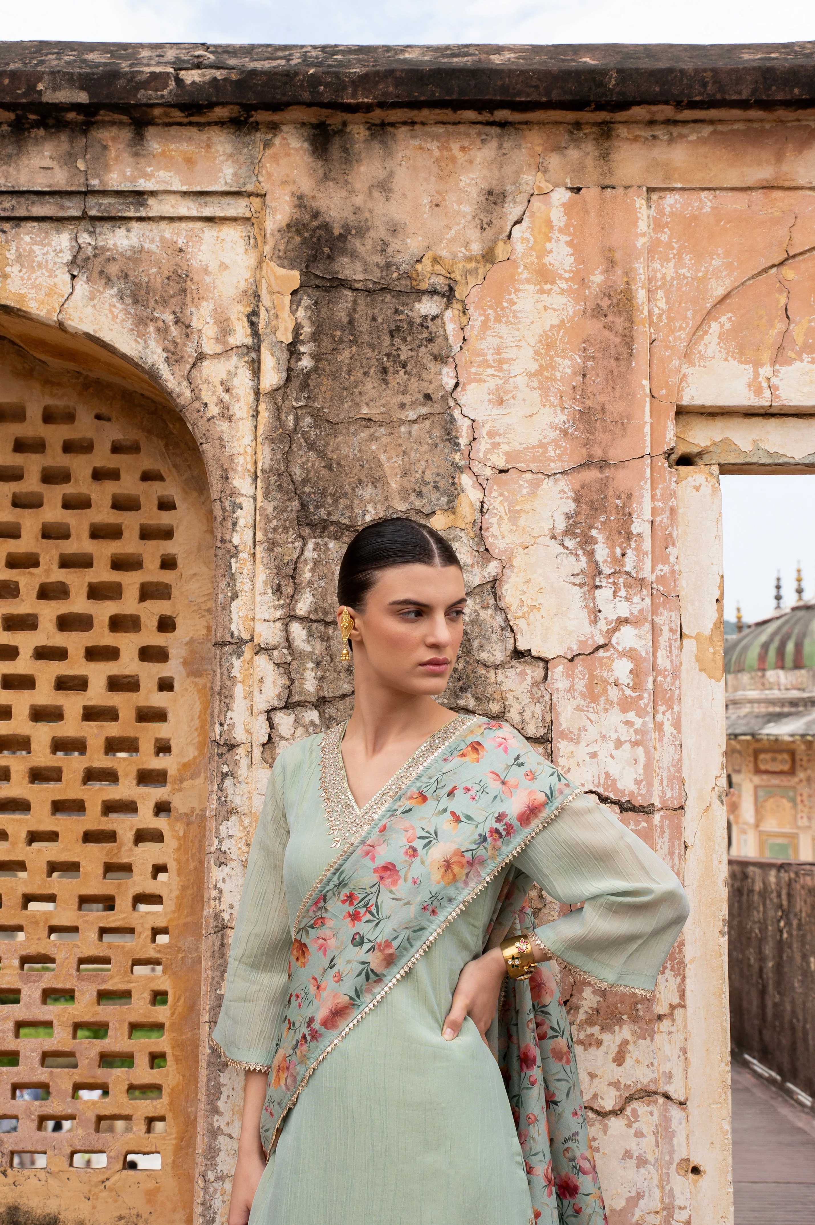 Pastel Green Embellished Crushed Tissue Silk Pant Set - Image 2